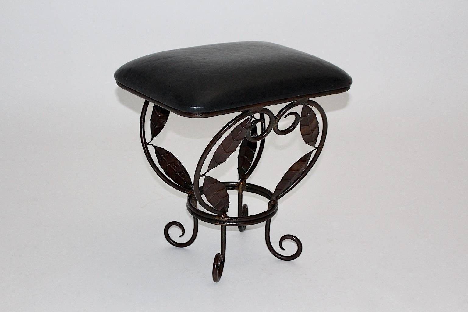 Hollywood Regency Vintage Brown Metal Stool Ottoman with Leaves Black Leather Seat, 1970s, France For Sale