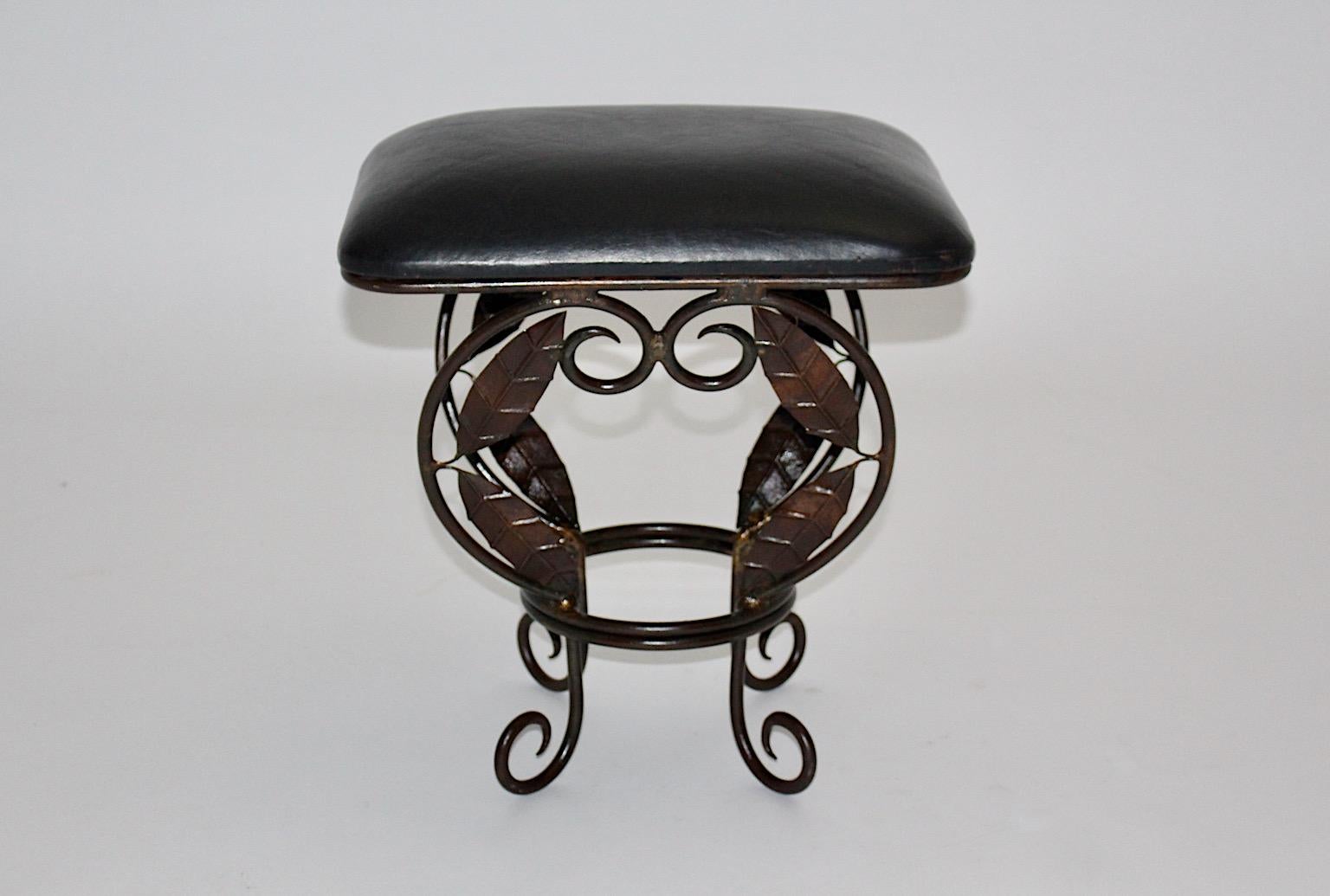 French Vintage Brown Metal Stool Ottoman with Leaves Black Leather Seat, 1970s, France For Sale