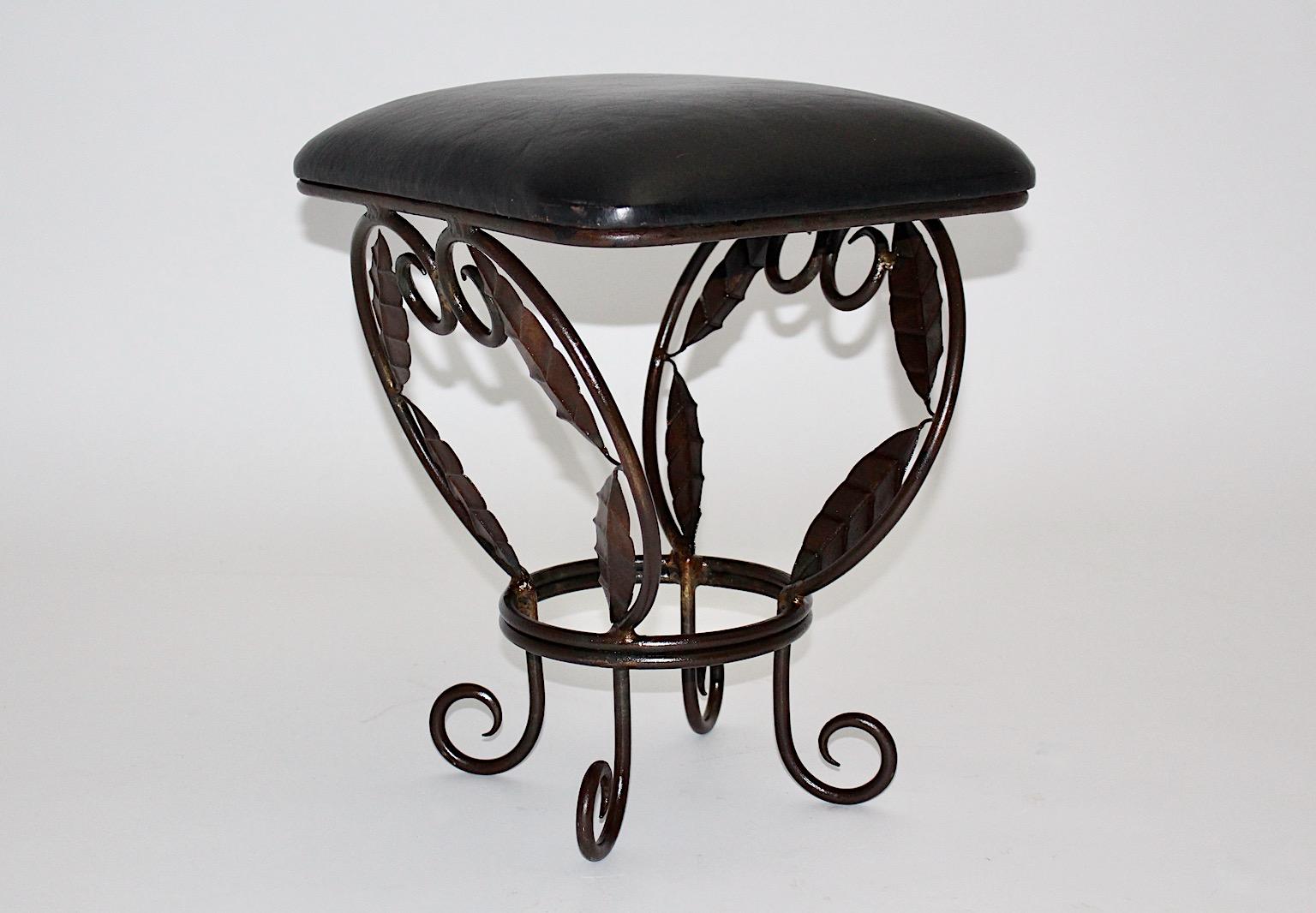 Vintage Brown Metal Stool Ottoman with Leaves Black Leather Seat, 1970s, France In Good Condition For Sale In Vienna, AT