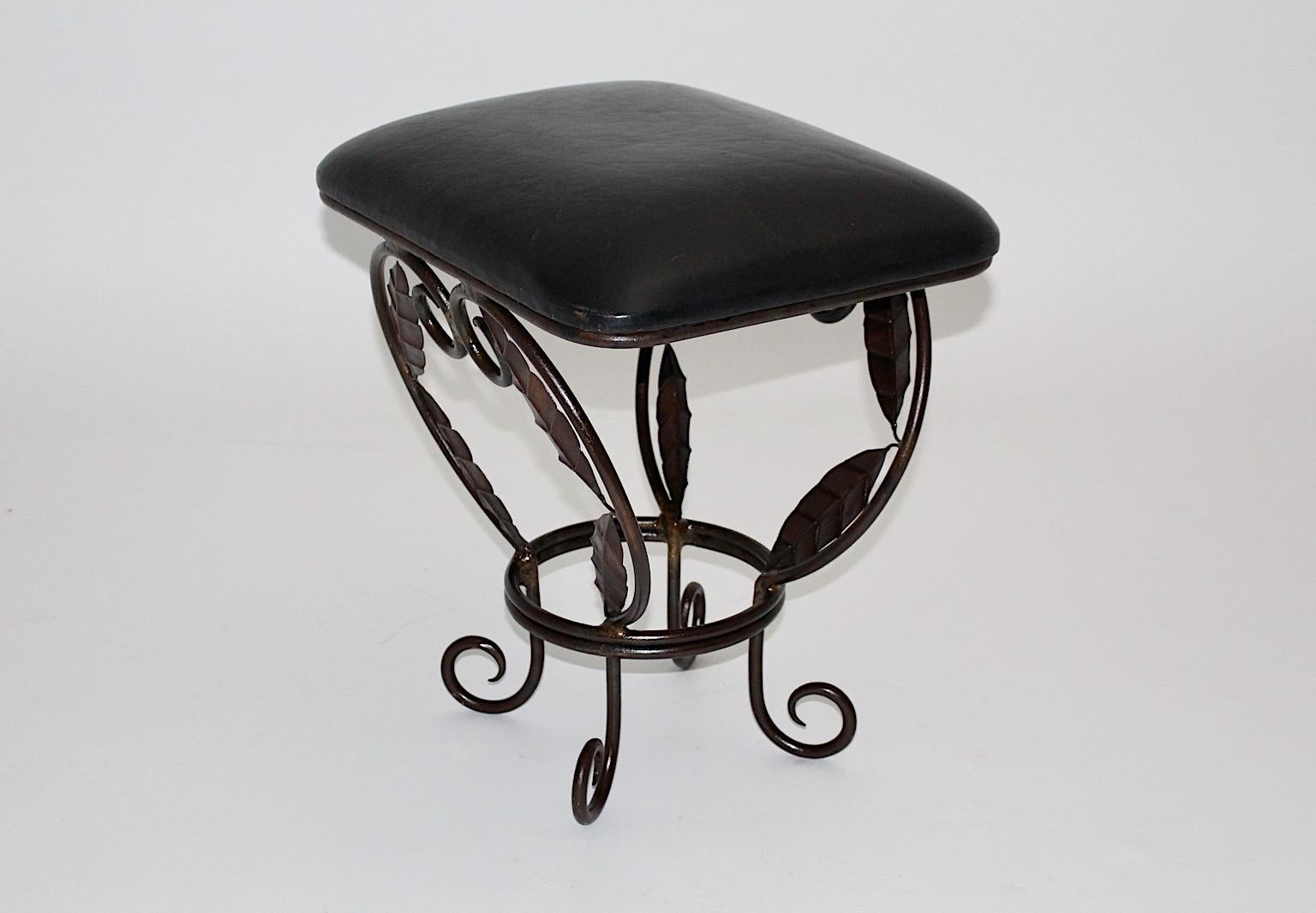 20th Century Vintage Brown Metal Stool Ottoman with Leaves Black Leather Seat, 1970s, France For Sale