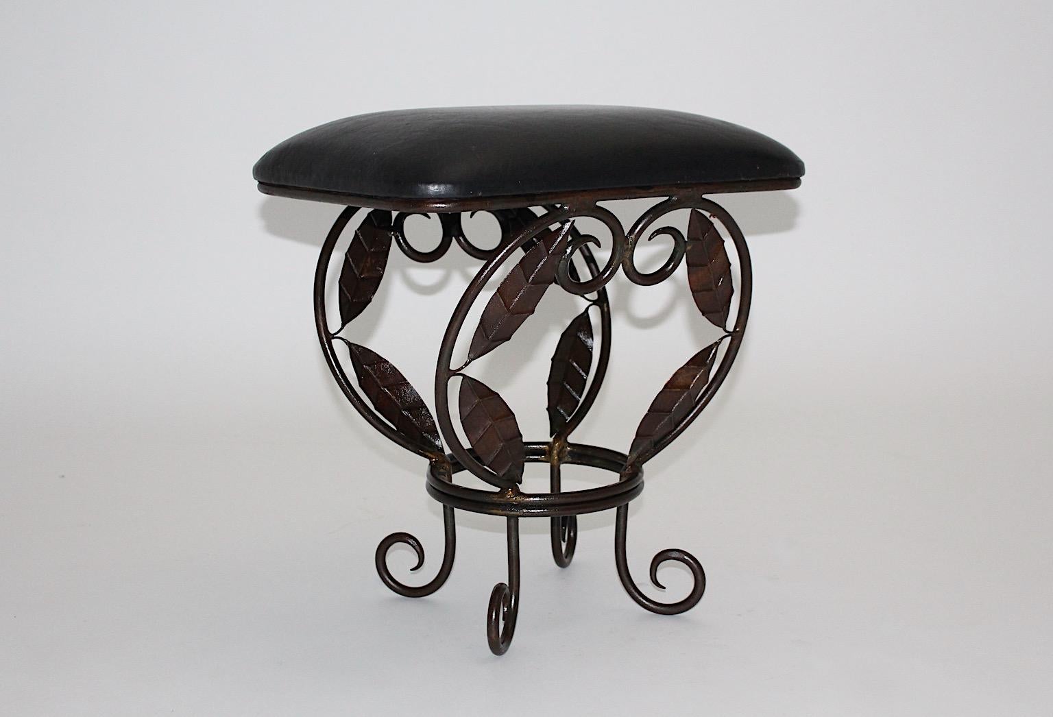 Vintage Brown Metal Stool Ottoman with Leaves Black Leather Seat, 1970s, France For Sale 1