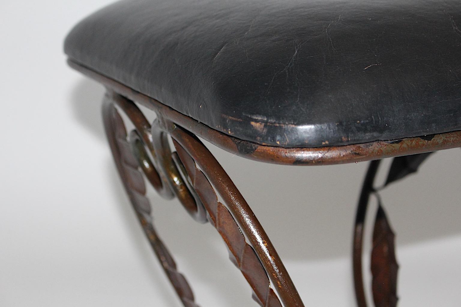 Vintage Brown Metal Stool Ottoman with Leaves Black Leather Seat, 1970s, France For Sale 2