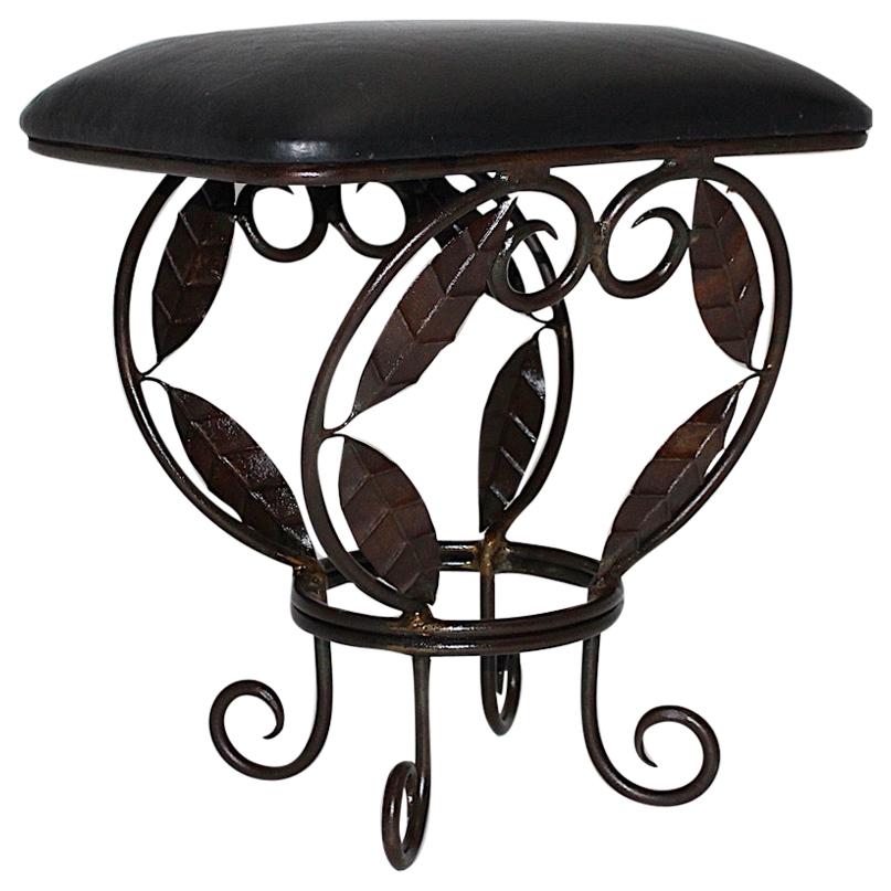 Vintage Brown Metal Stool Ottoman with Leaves Black Leather Seat, 1970s, France For Sale