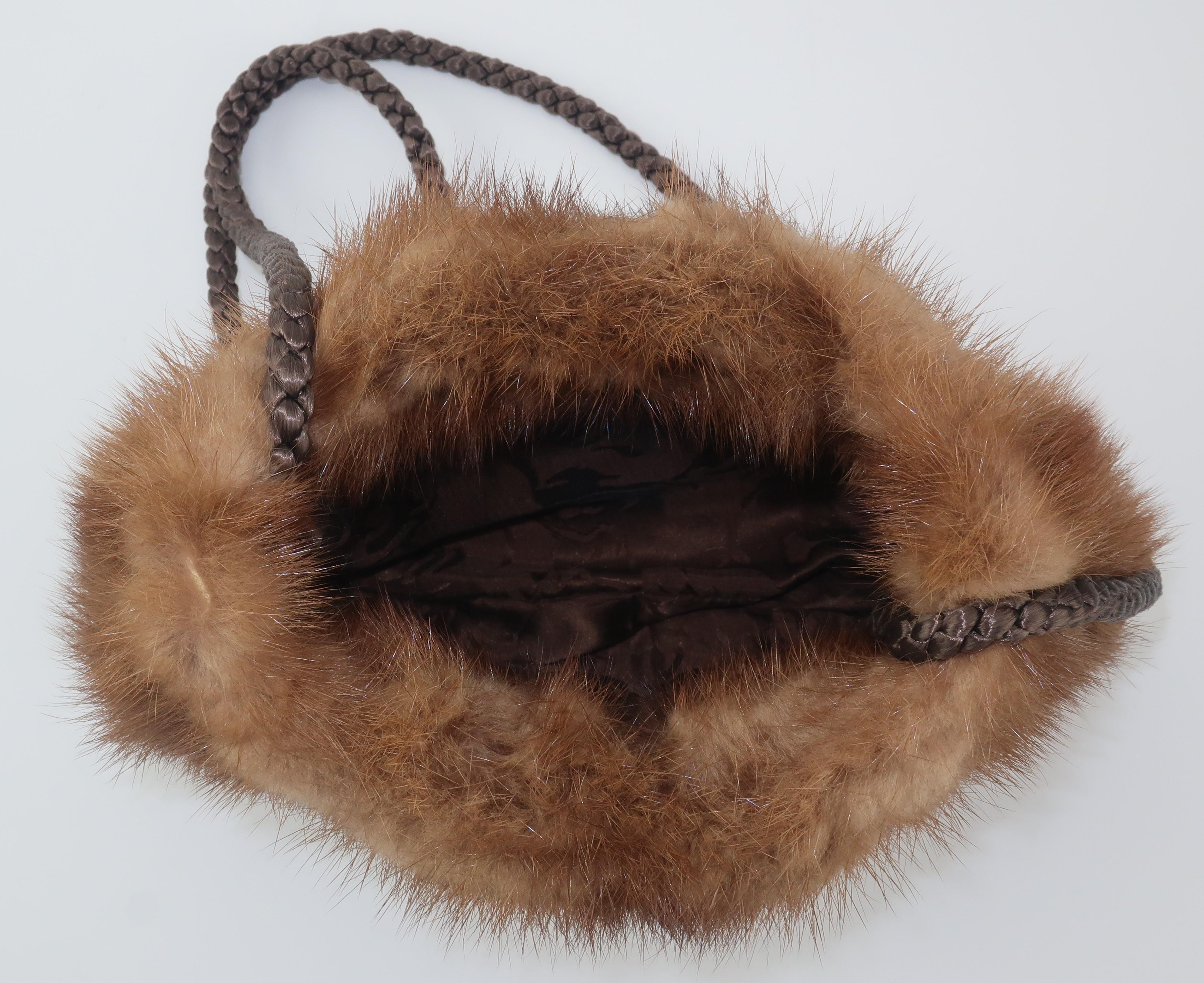 Vintage Brown Mink Fur Handbag With Braided Silk Shoulder Strap In Good Condition In Atlanta, GA