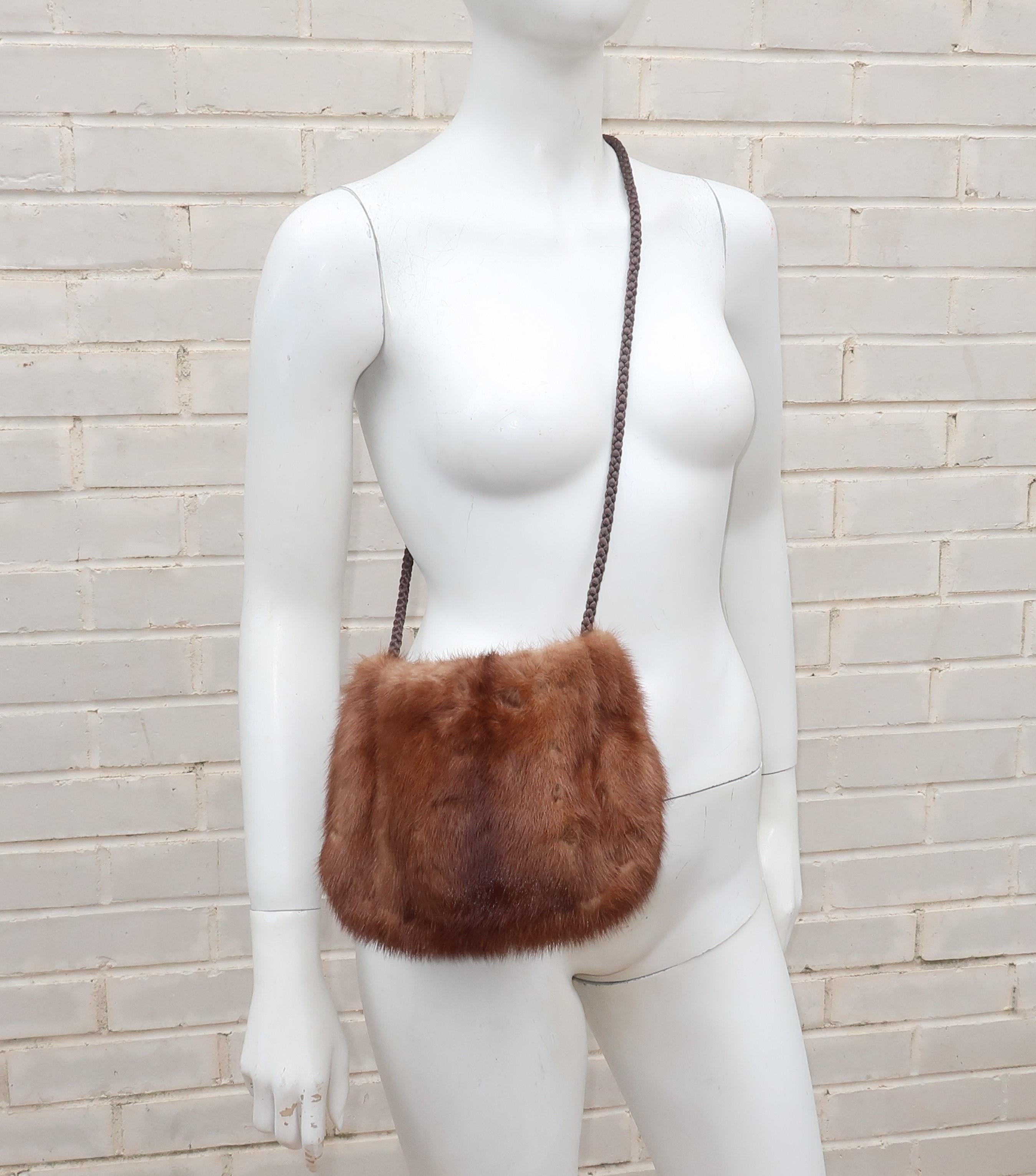 Vintage Brown Mink Fur Handbag With Braided Silk Shoulder Strap 2