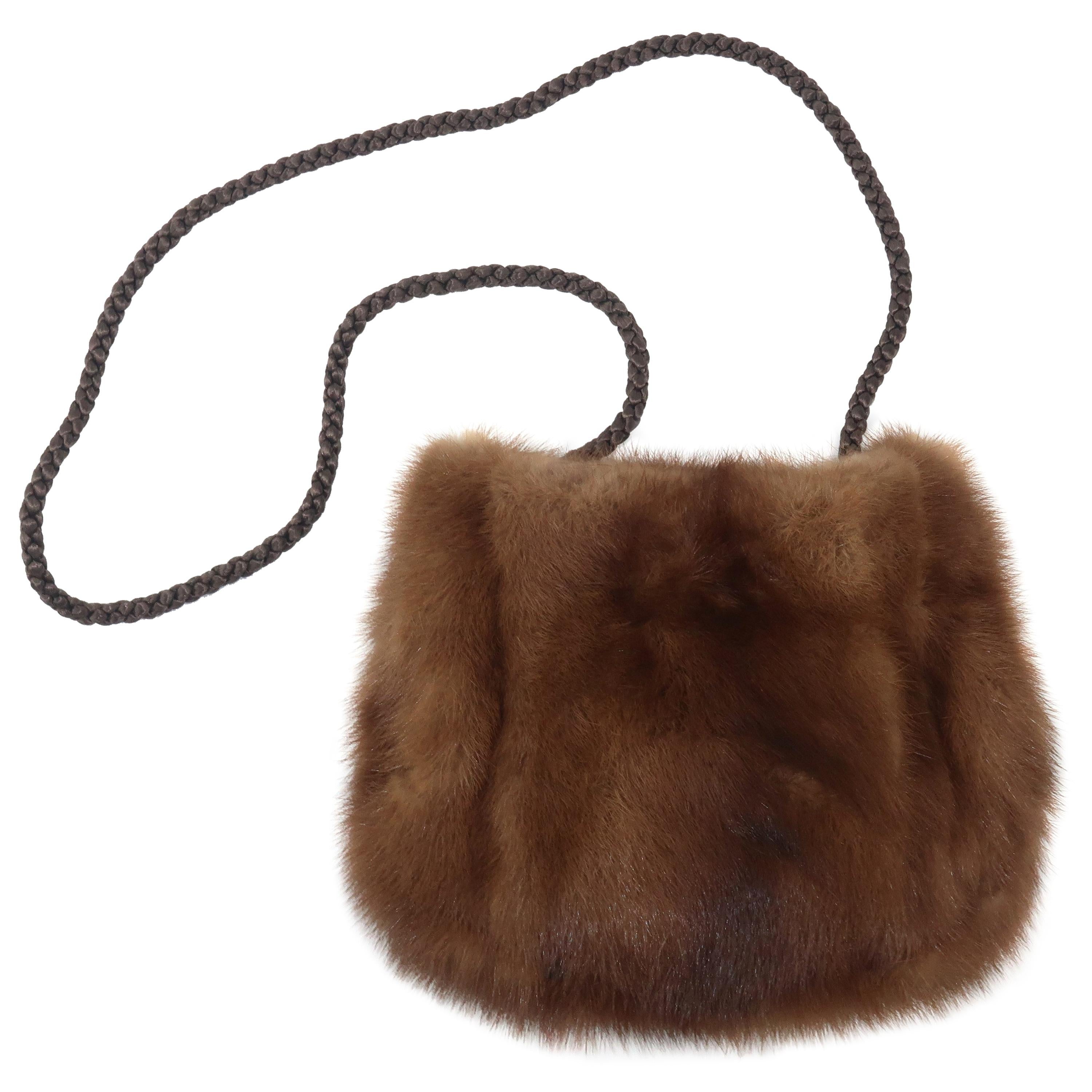 Vintage Brown Mink Fur Handbag With Braided Silk Shoulder Strap
