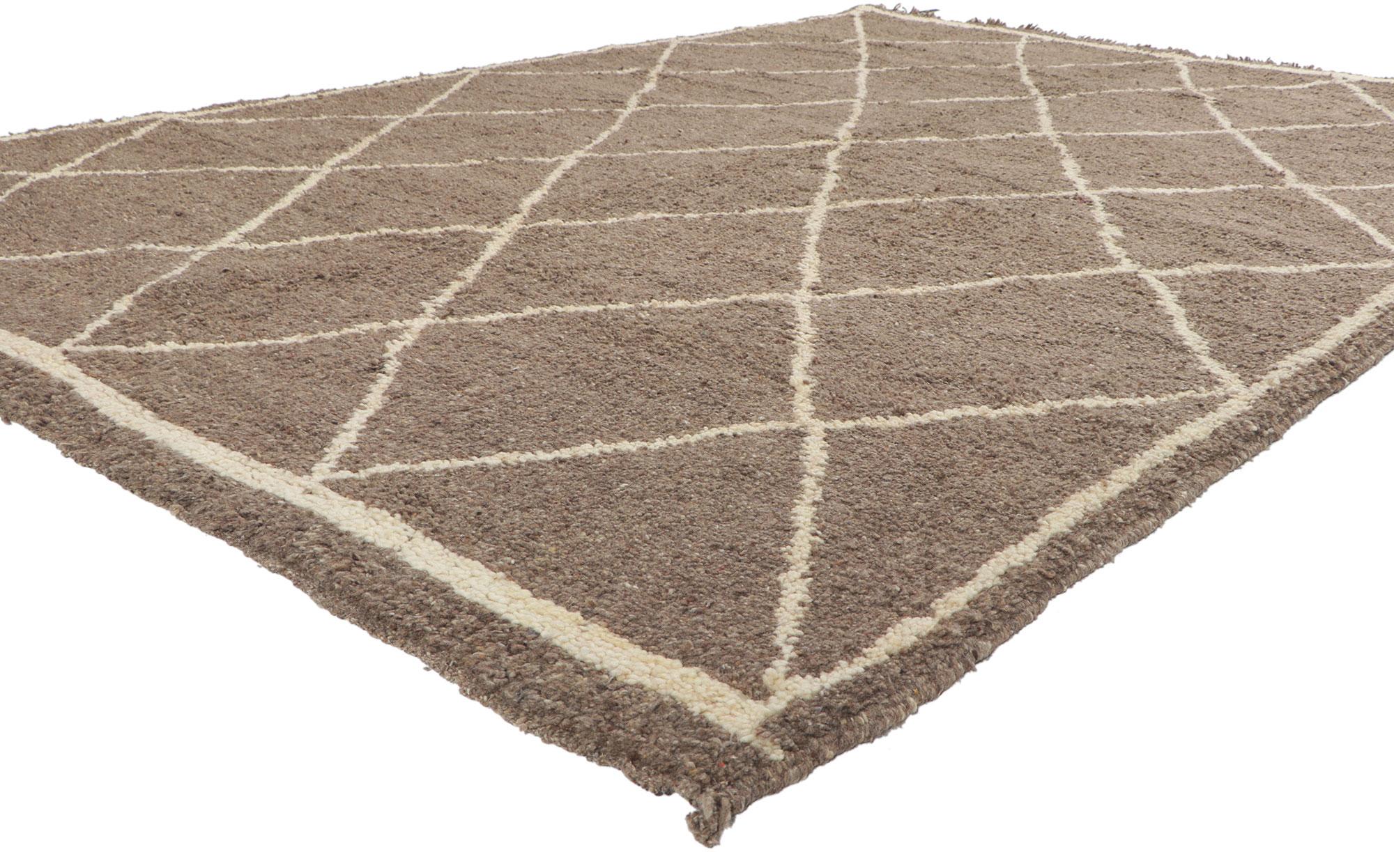 78368 Vintage Moroccan Beni Ourain rug. ?With its simplicity, plush pile, incredible detail and texture, this hand knotted wool vintage Beni Ourain Moroccan rug is a captivating vision of woven beauty. The eye-catching diamond trellis and earthy