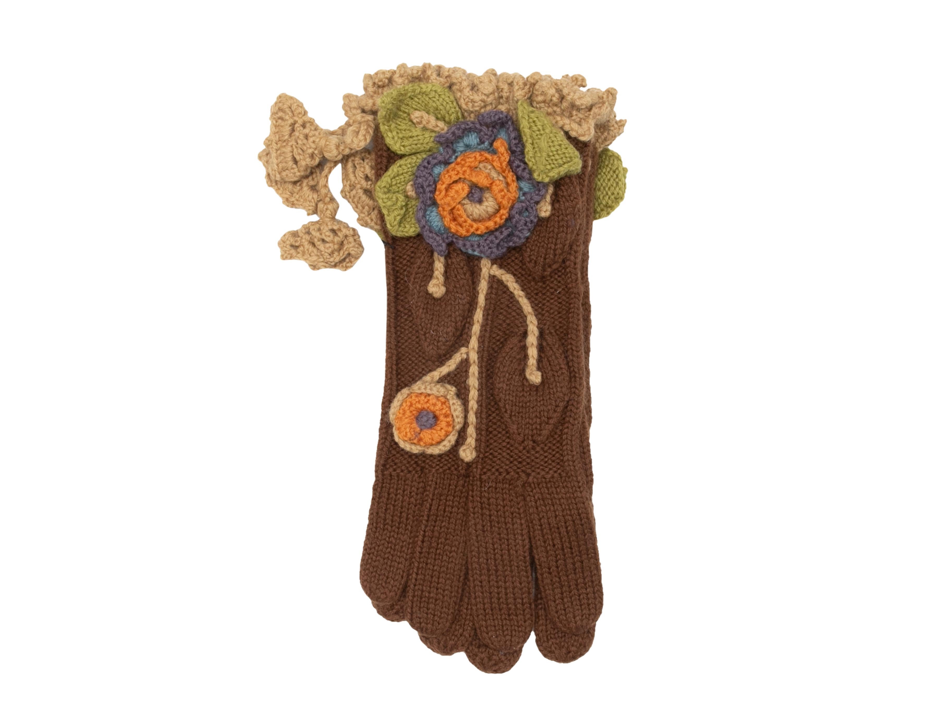 Vintage brown and multicolor knit gloves featuring floral crochet trim by Vivienne Westwood. From the Fall/Winter 1994 On Liberty Collection. 4