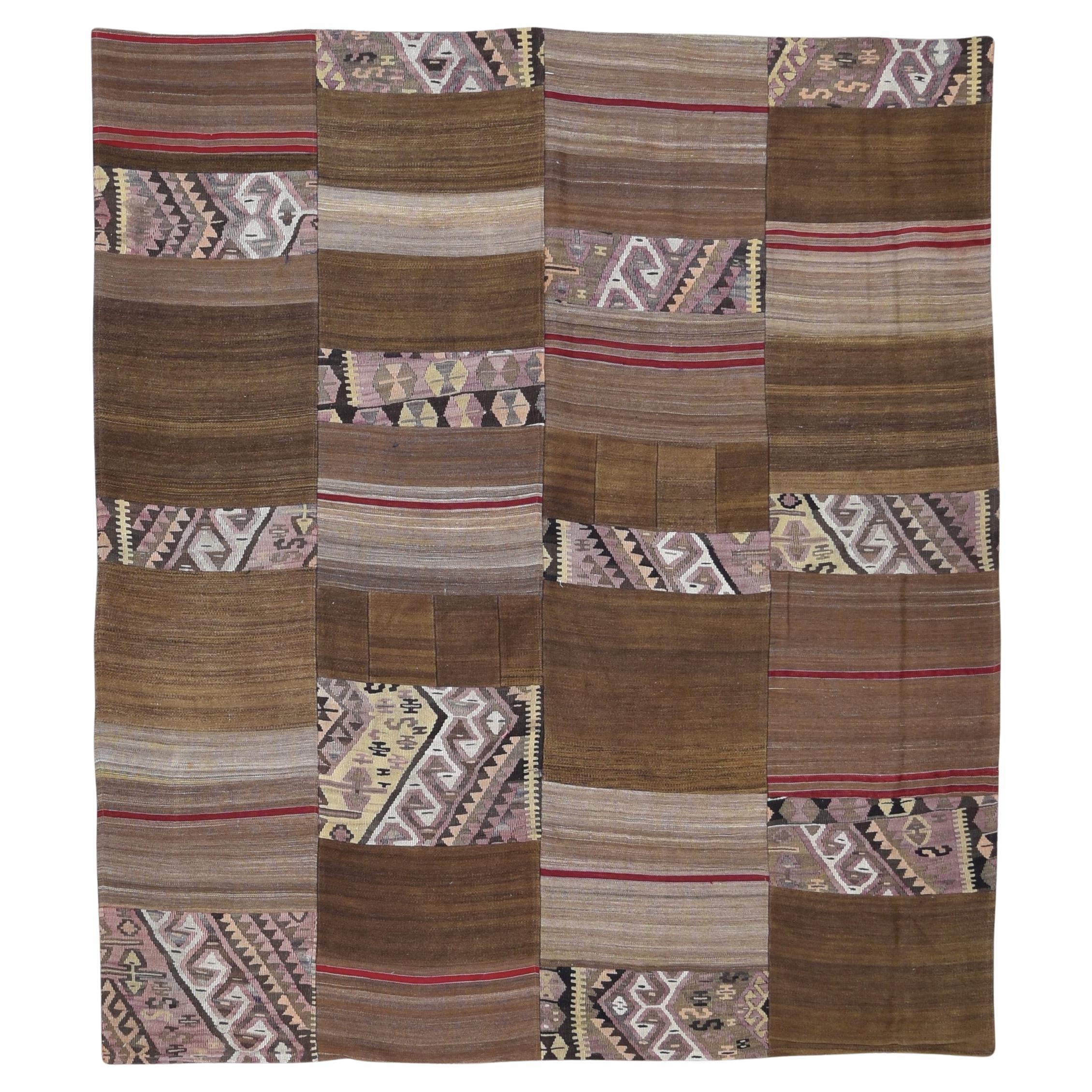Vintage Brown Patch-Work Designed Wool Rug 6'10''x7'10''
