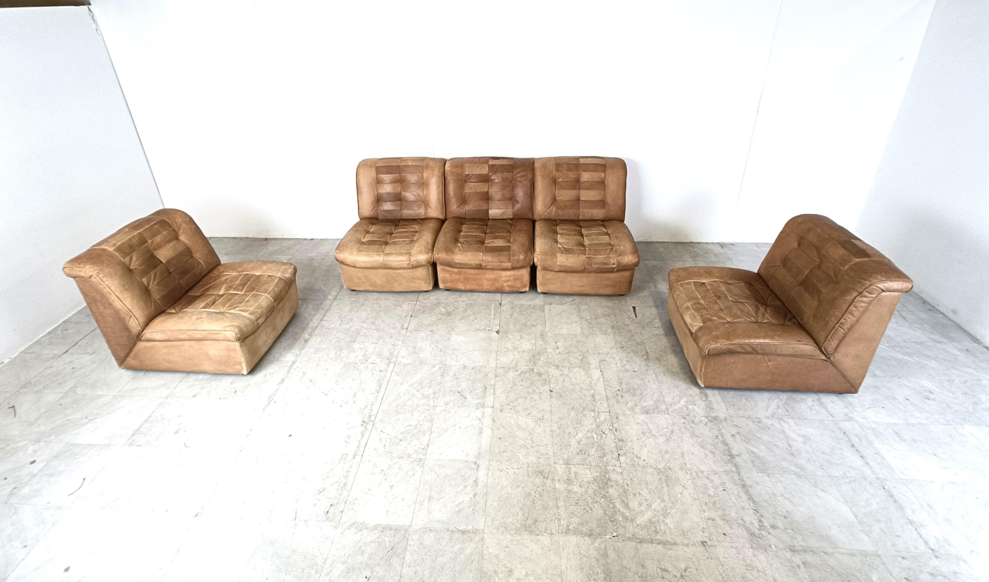 Vintage brown patchwork leather modular sofa, 1970s For Sale 3