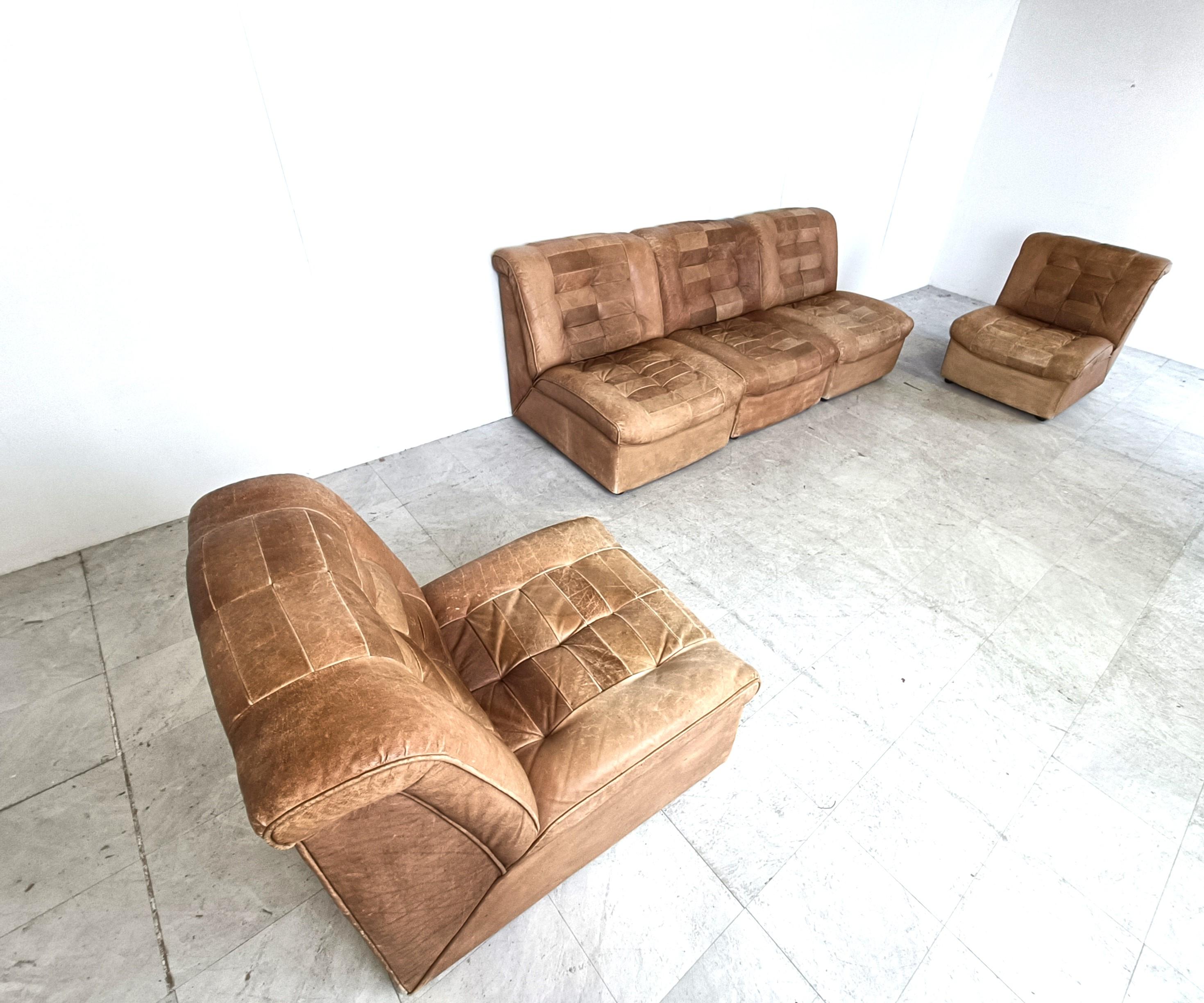 Vintage brown patchwork leather modular sofa, 1970s For Sale 4