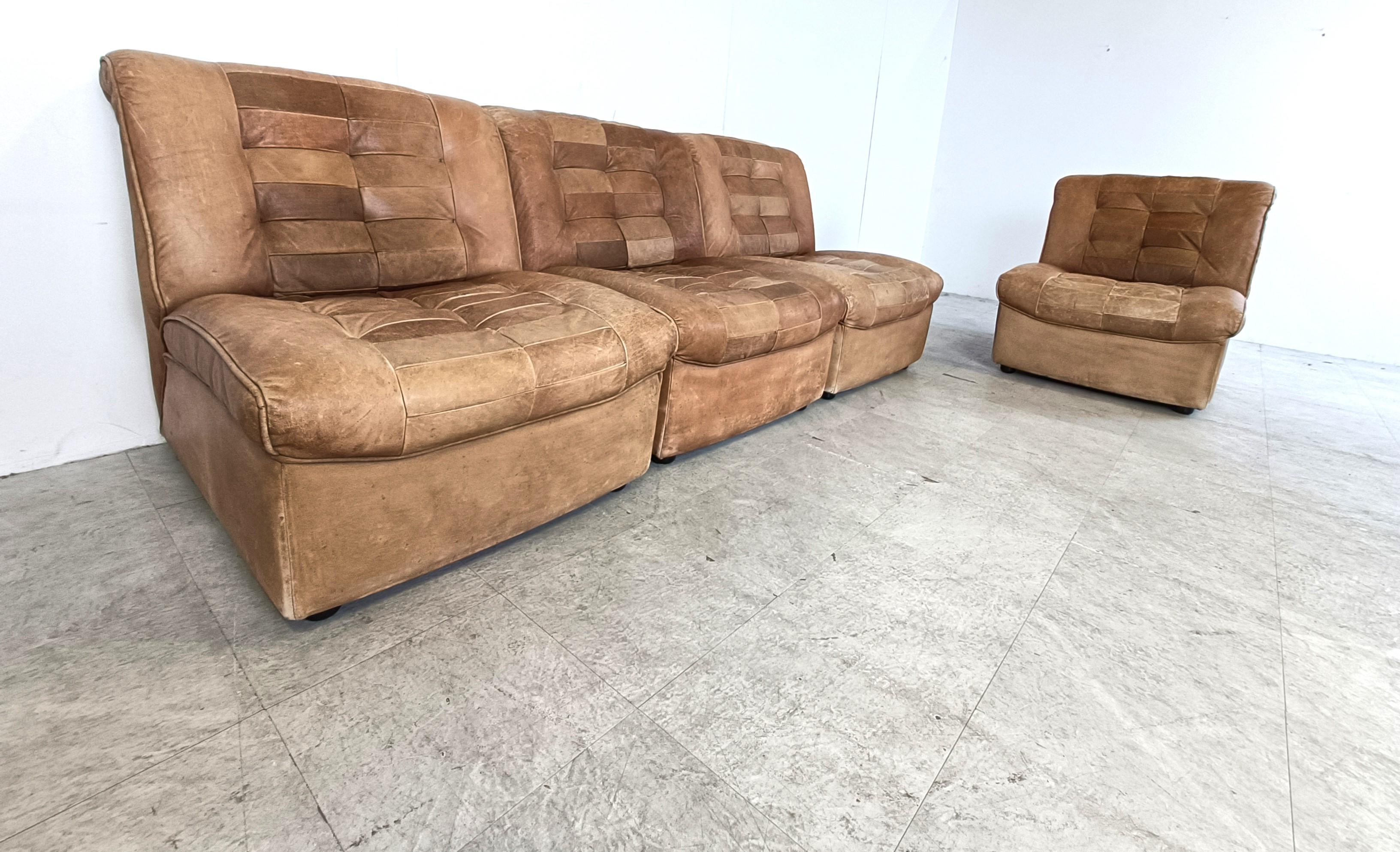 Vintage brown patchwork leather modular sofa, 1970s For Sale 5