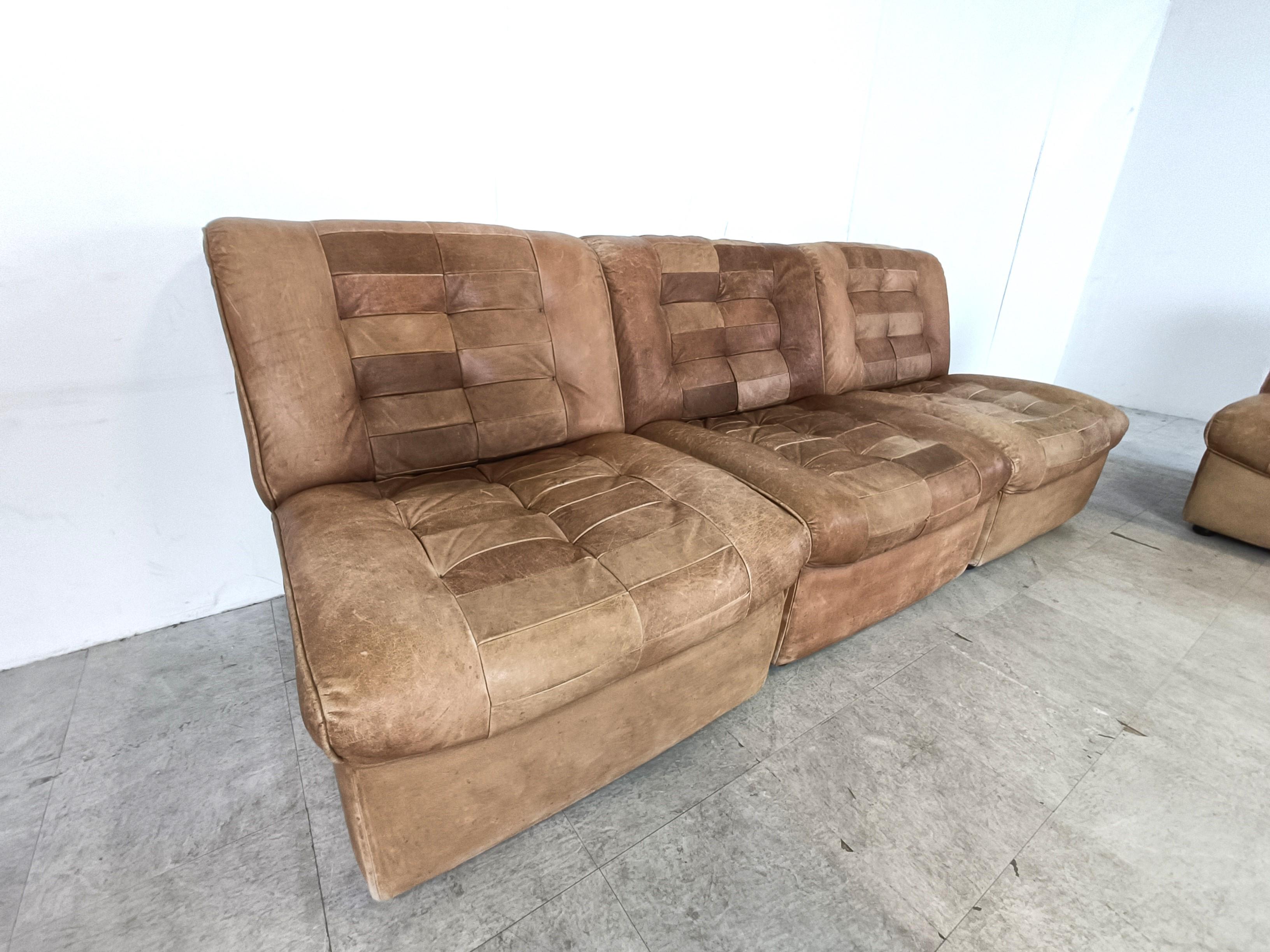 Vintage brown patchwork leather modular sofa, 1970s For Sale 6