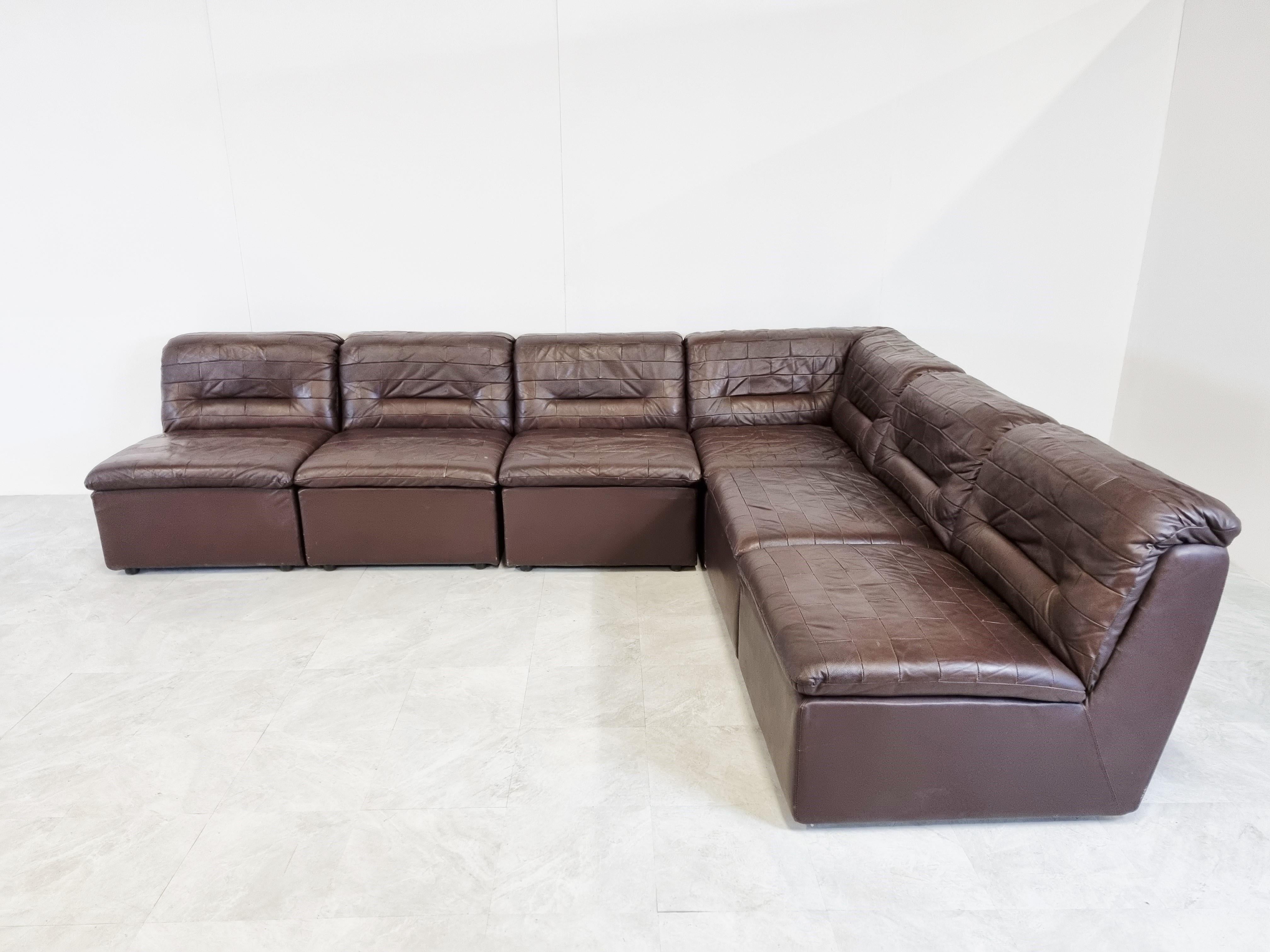 Mid-Century Modern Vintage Brown Patchwork Leather Modular Sofa, 1970s