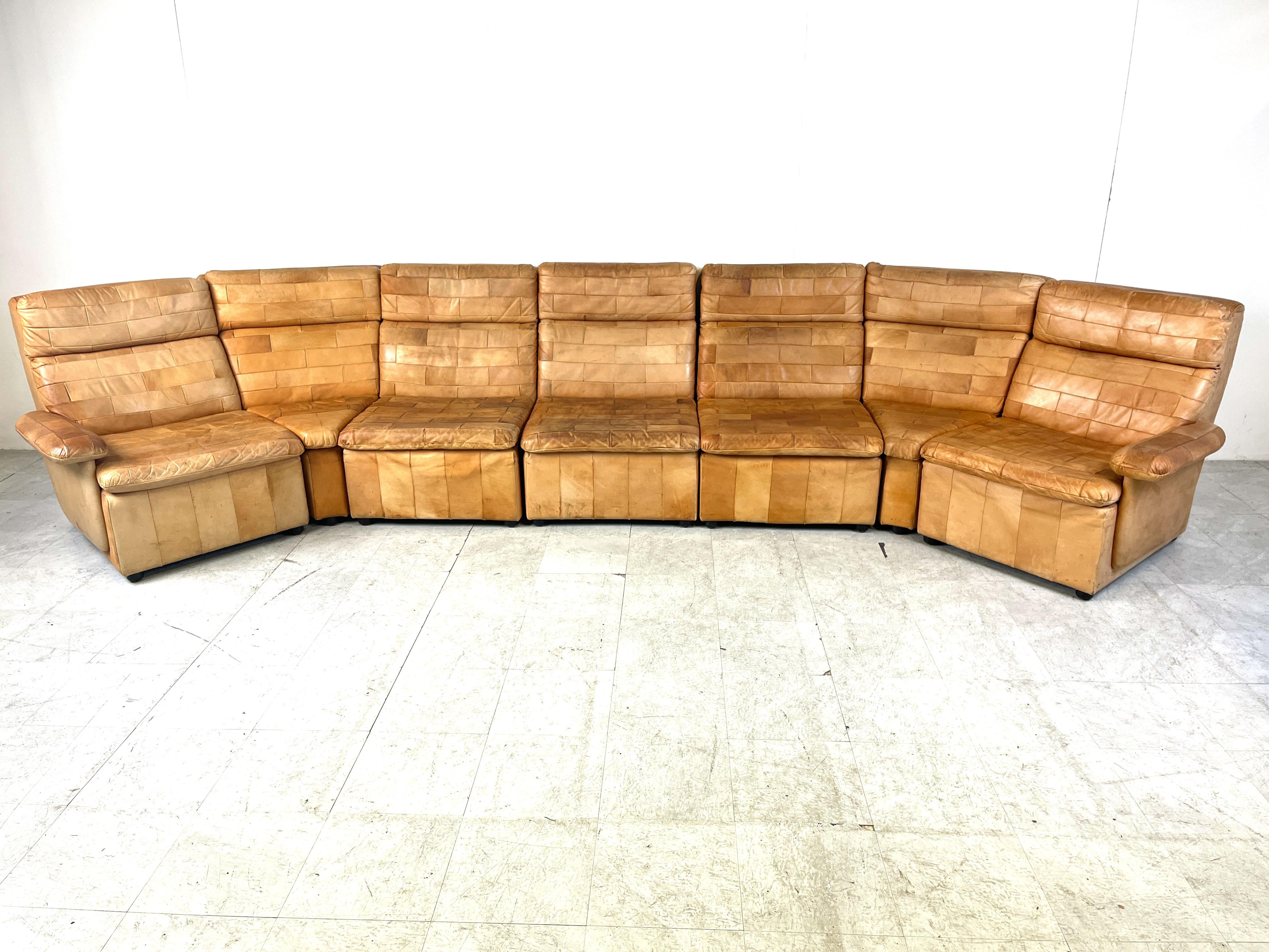 Mid-Century Modern Vintage brown patchwork leather modular sofa, 1970s For Sale