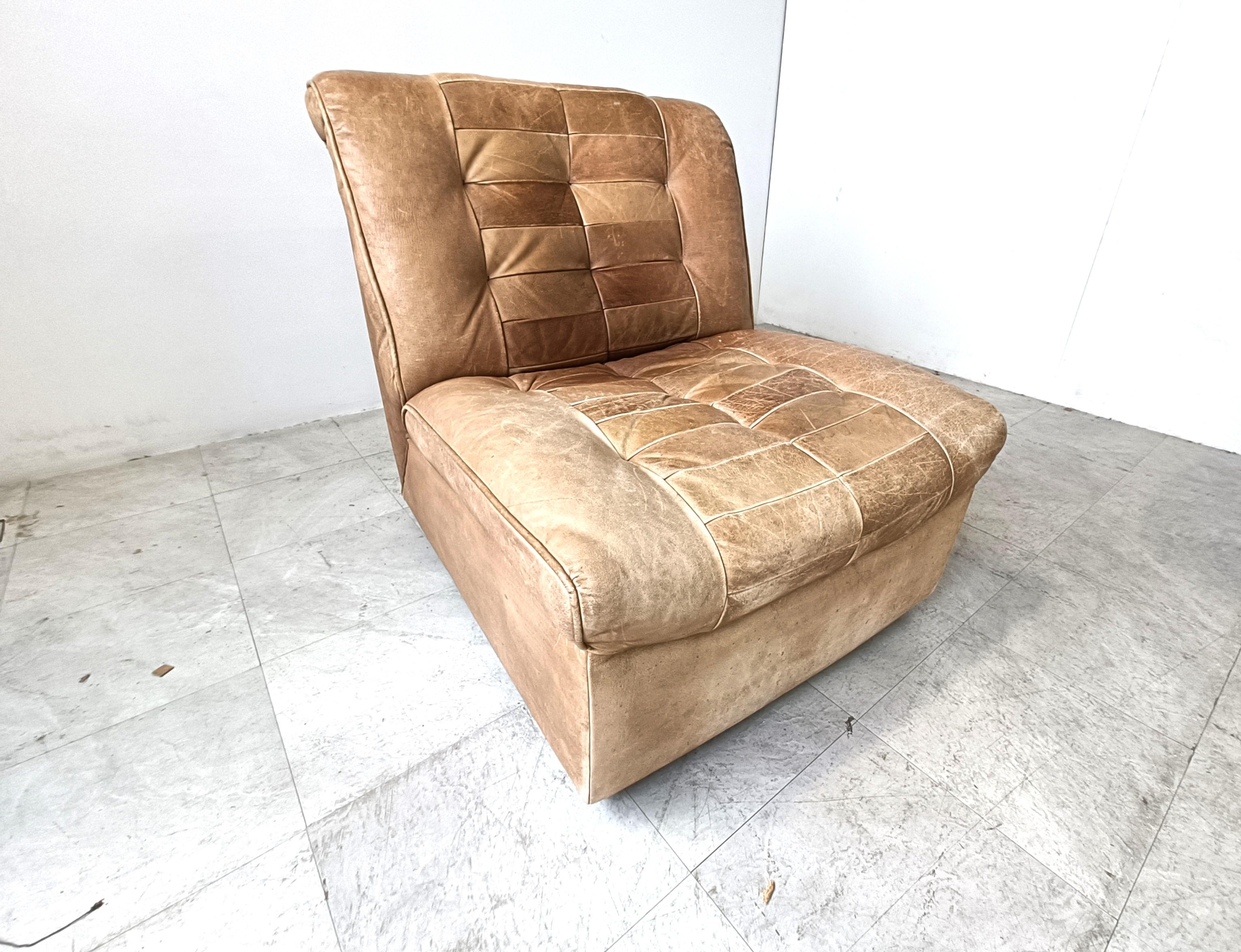 German Vintage brown patchwork leather modular sofa, 1970s For Sale
