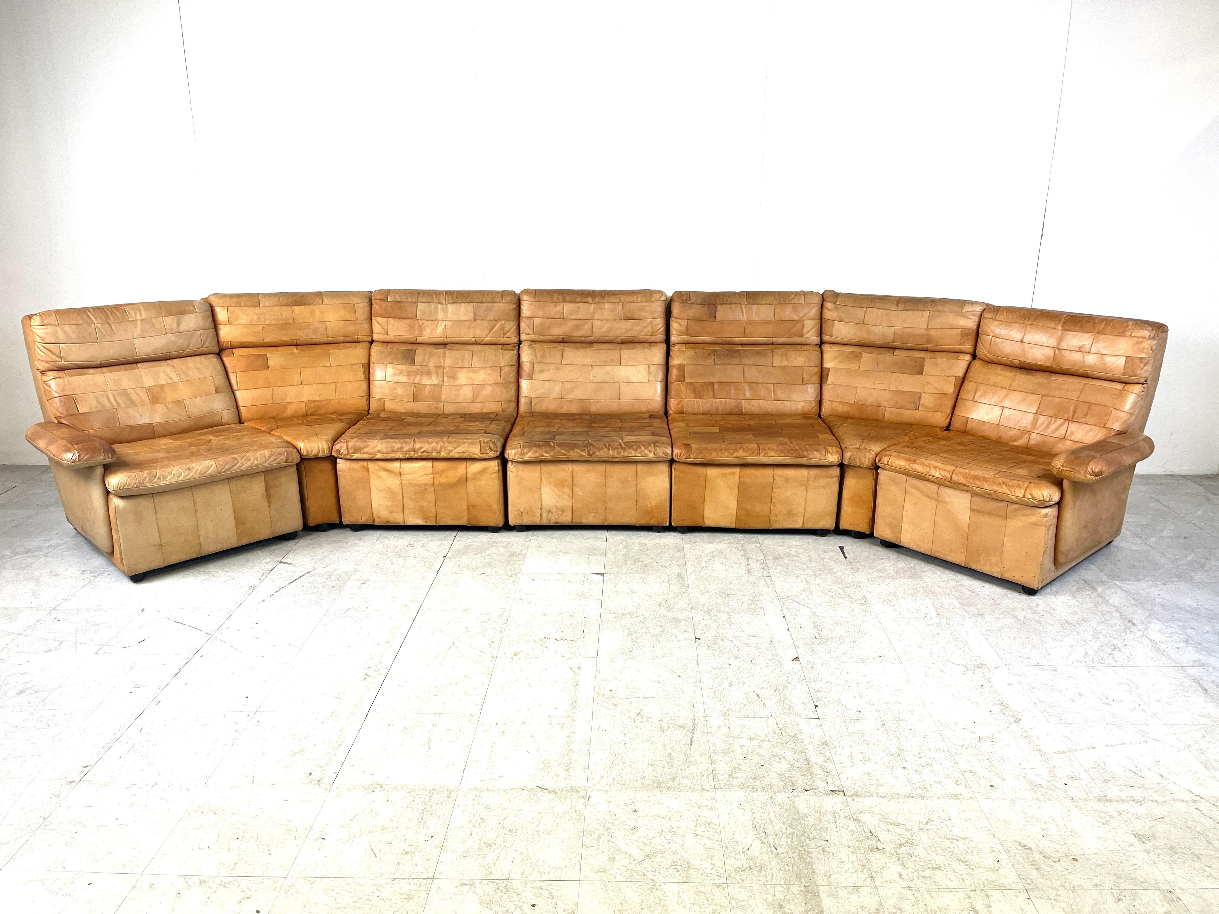 German Vintage brown patchwork leather modular sofa, 1970s For Sale