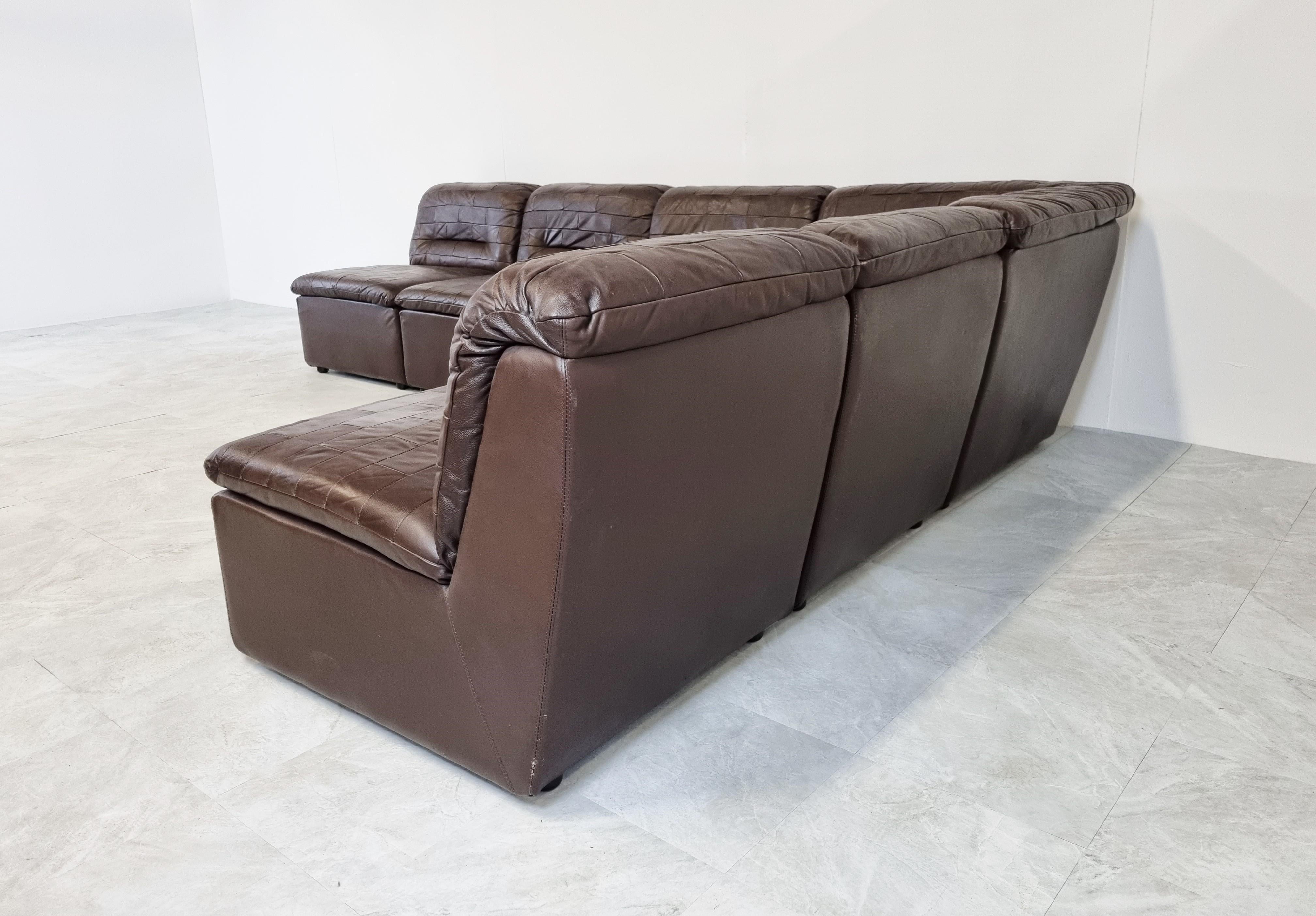 Late 20th Century Vintage Brown Patchwork Leather Modular Sofa, 1970s