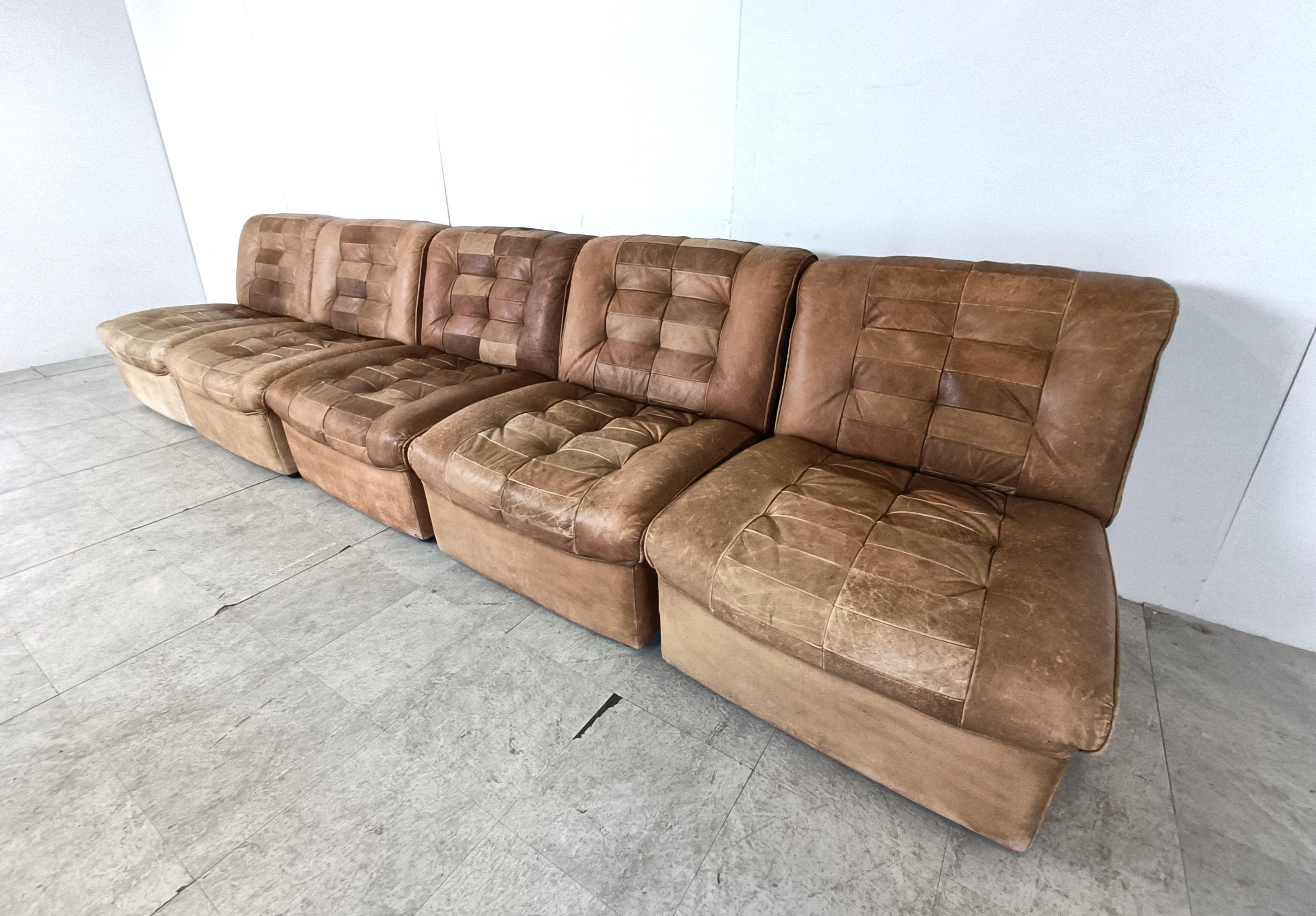Late 20th Century Vintage brown patchwork leather modular sofa, 1970s For Sale