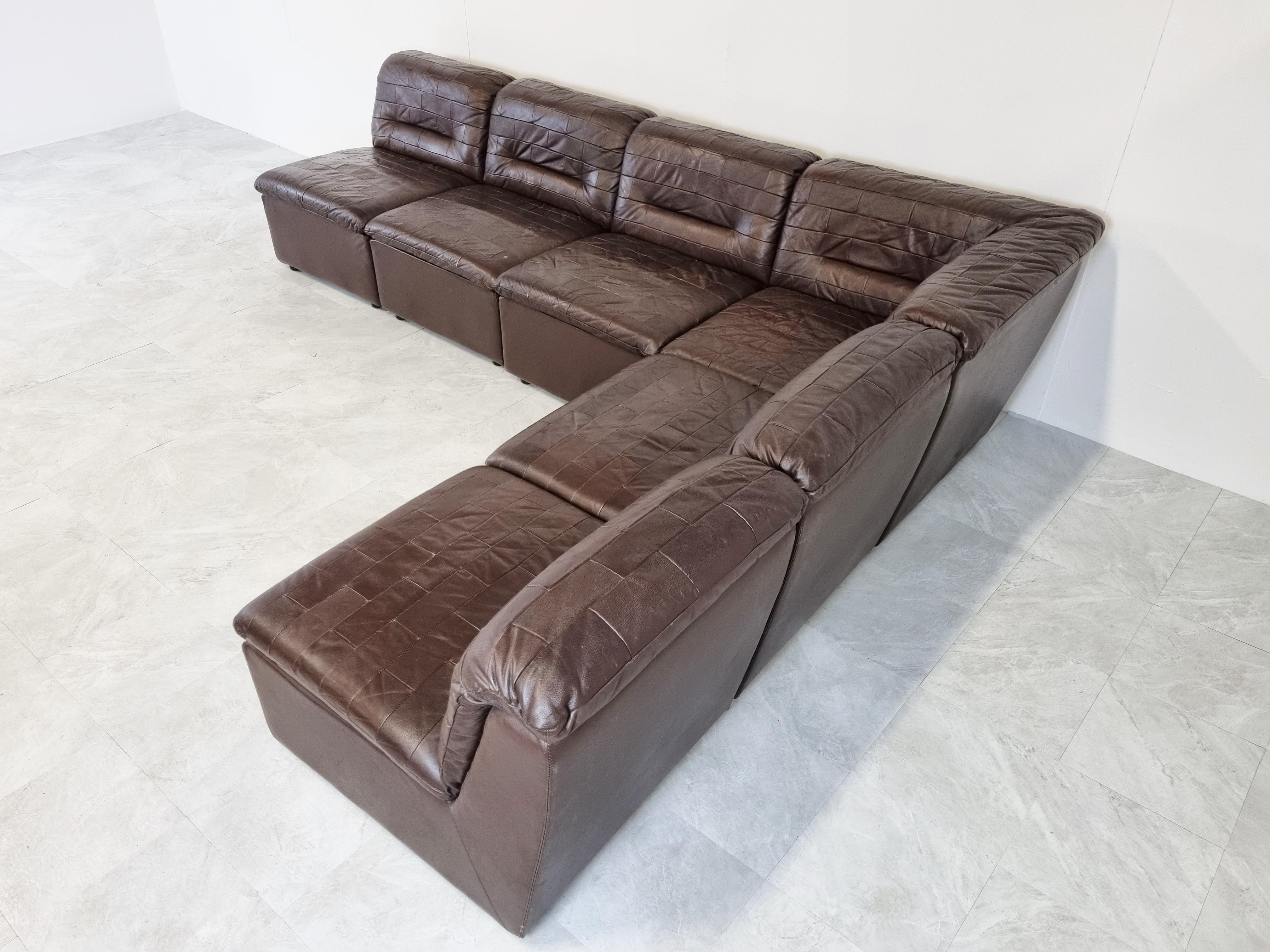 Vintage Brown Patchwork Leather Modular Sofa, 1970s 1