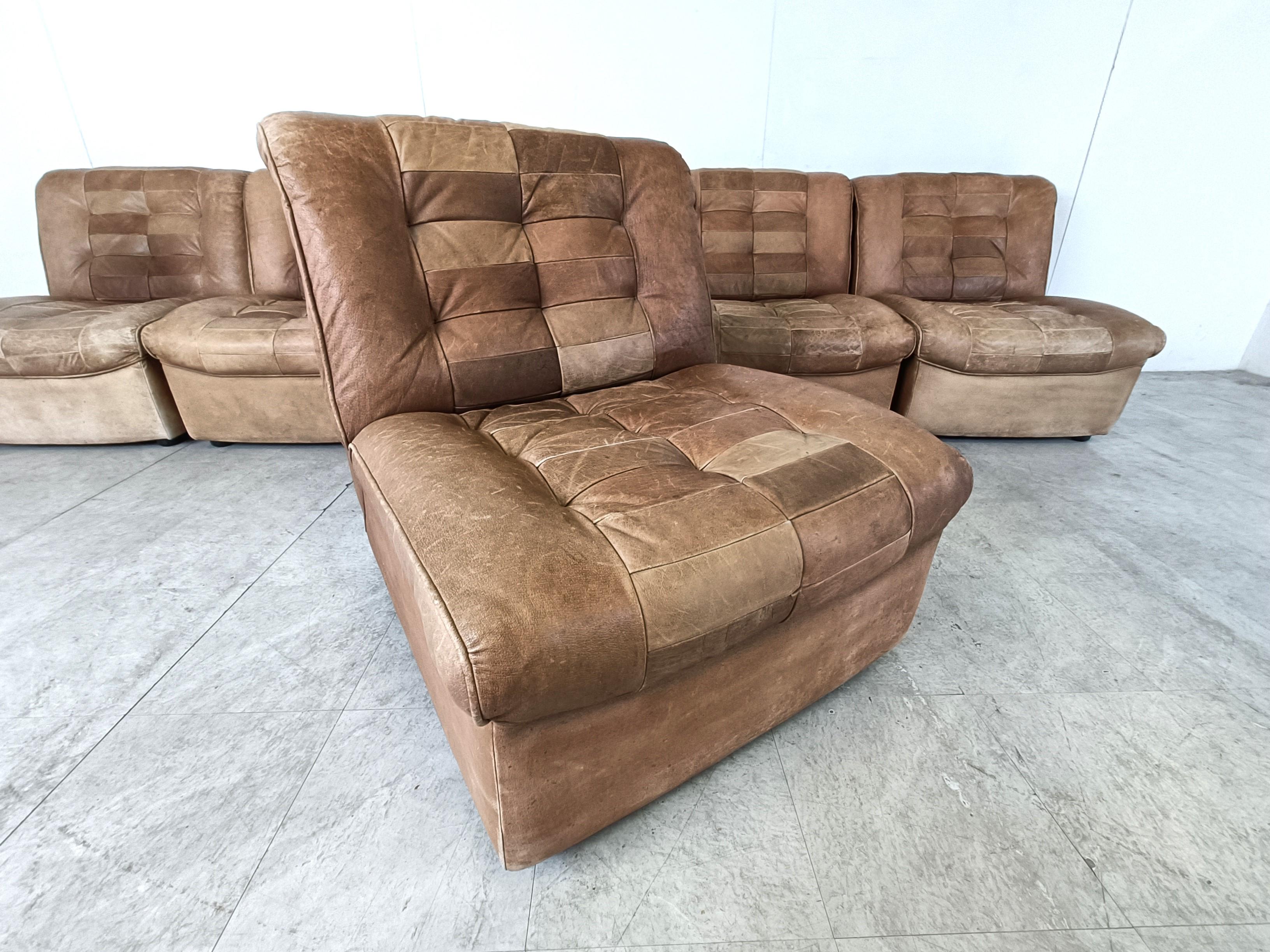 Leather Vintage brown patchwork leather modular sofa, 1970s For Sale
