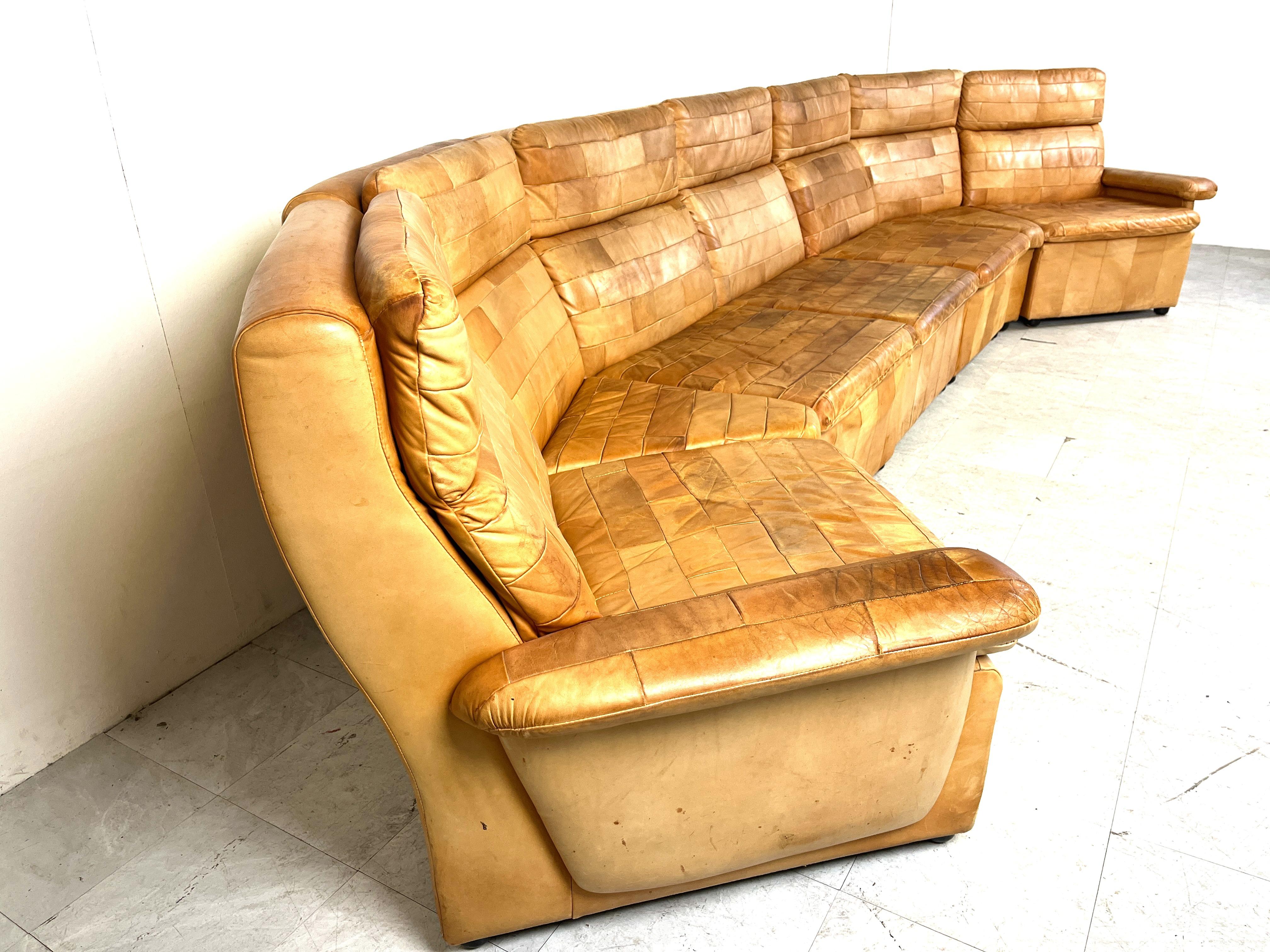 Leather Vintage brown patchwork leather modular sofa, 1970s For Sale
