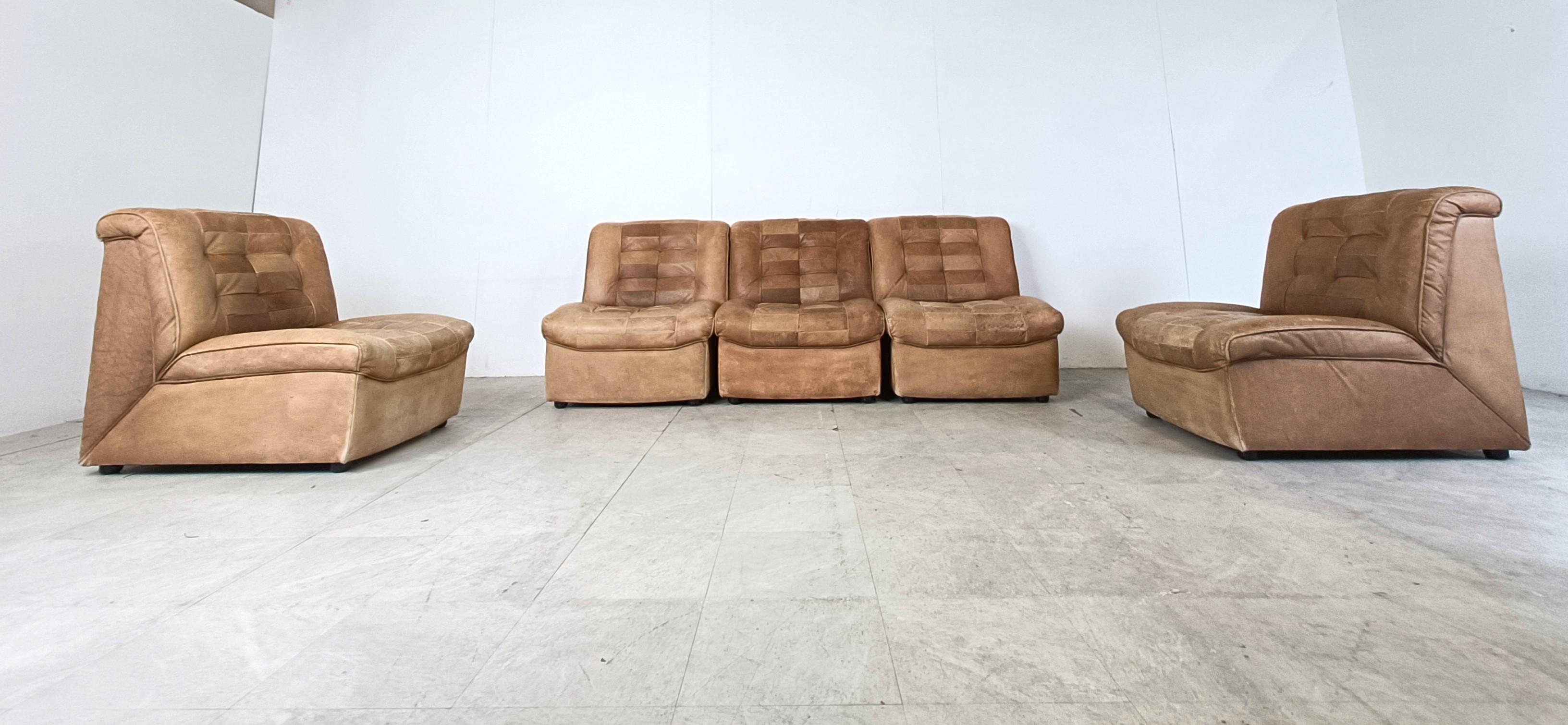 Modulares Sofa aus braunem Patchwork-Leder, 1970er Jahre im Angebot 2