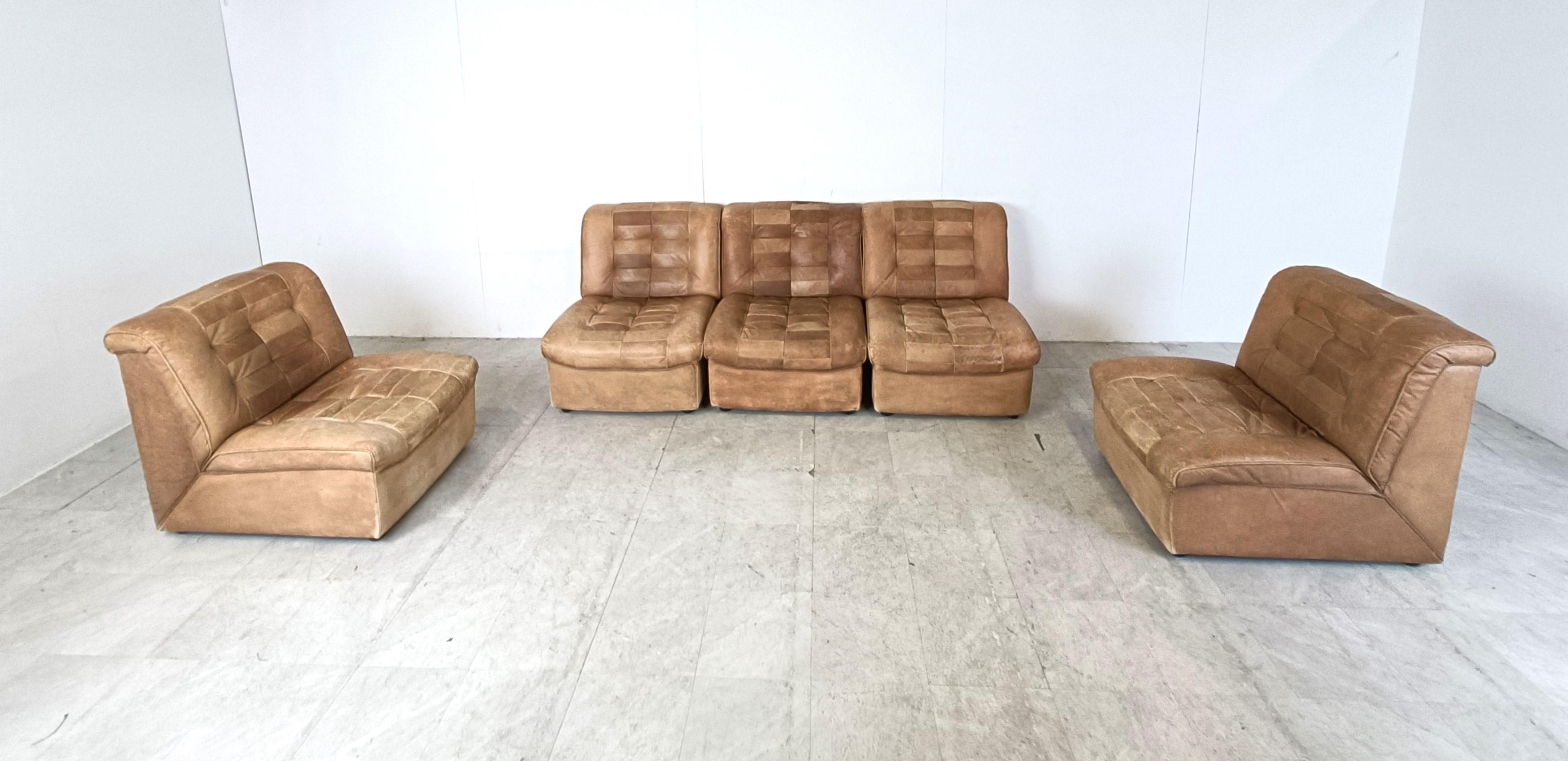 Vintage brown patchwork leather modular sofa, 1970s For Sale 2