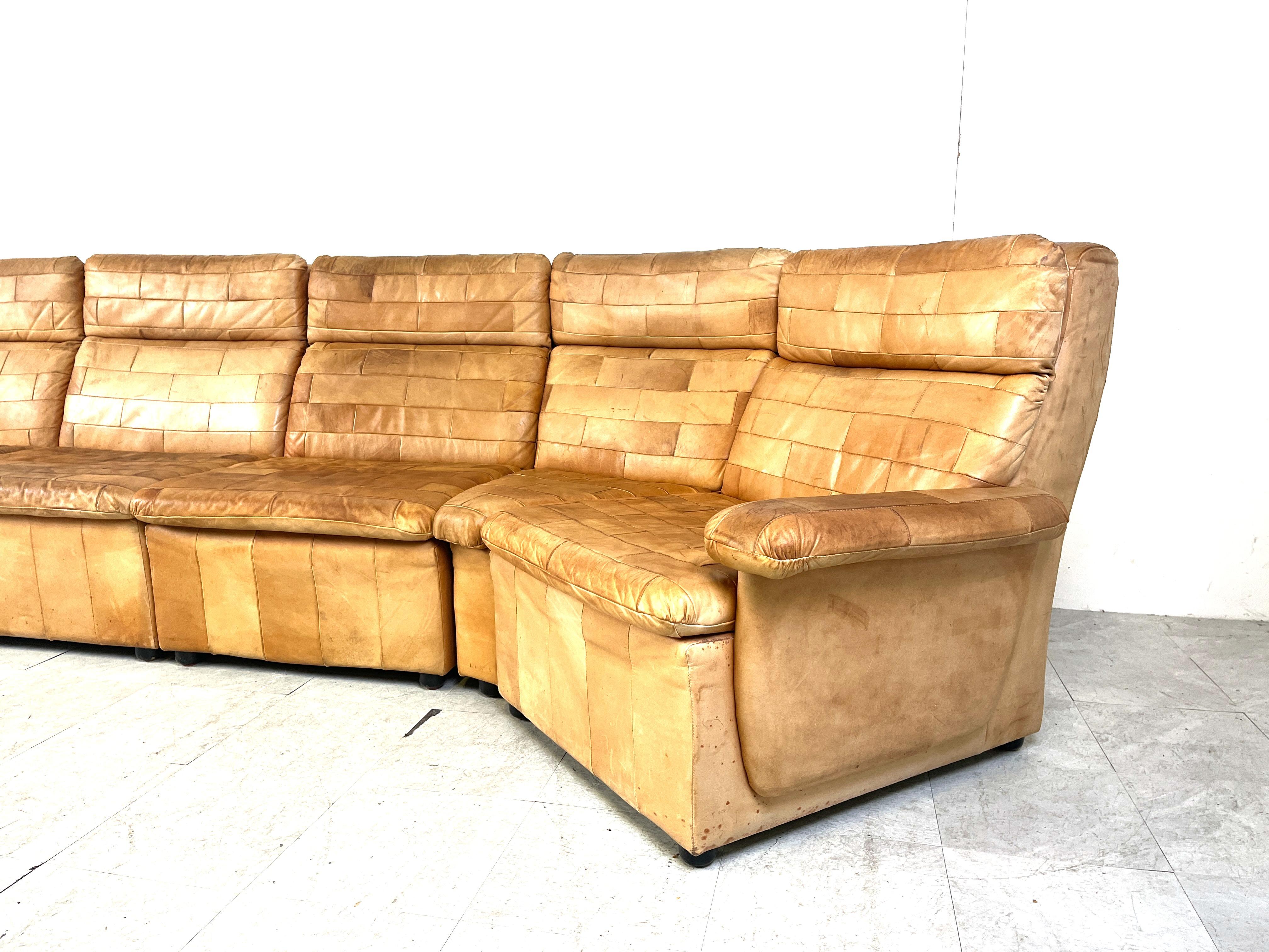 Vintage brown patchwork leather modular sofa, 1970s For Sale 2