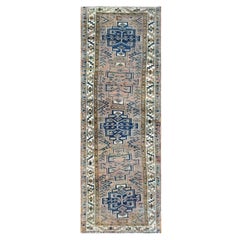 Vintage Brown Persian Heriz Distressed Pure Wool Clean Hand Knotted Runner Rug