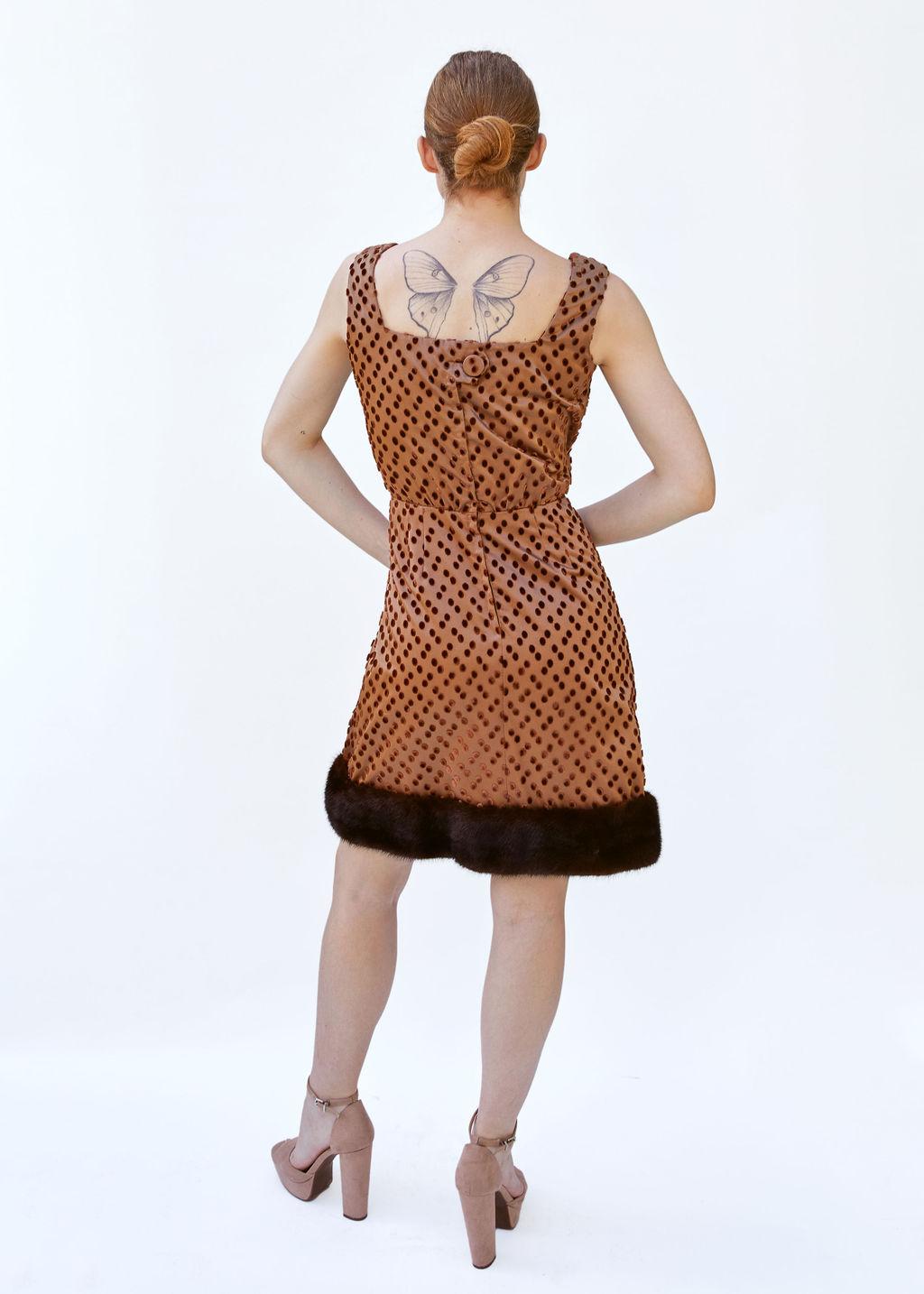 Women's Vintage Brown Polka Dot 1960's Mink Dress & Cape set For Sale