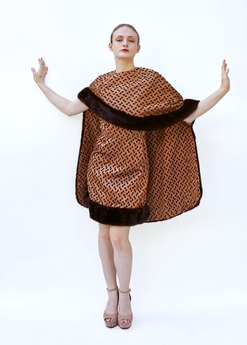 Vintage Brown Polka Dot 1960's Mink Dress & Cape set For Sale 4