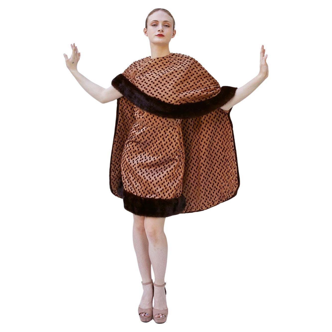 Vintage Brown Polka Dot 1960's Mink Dress & Cape set For Sale