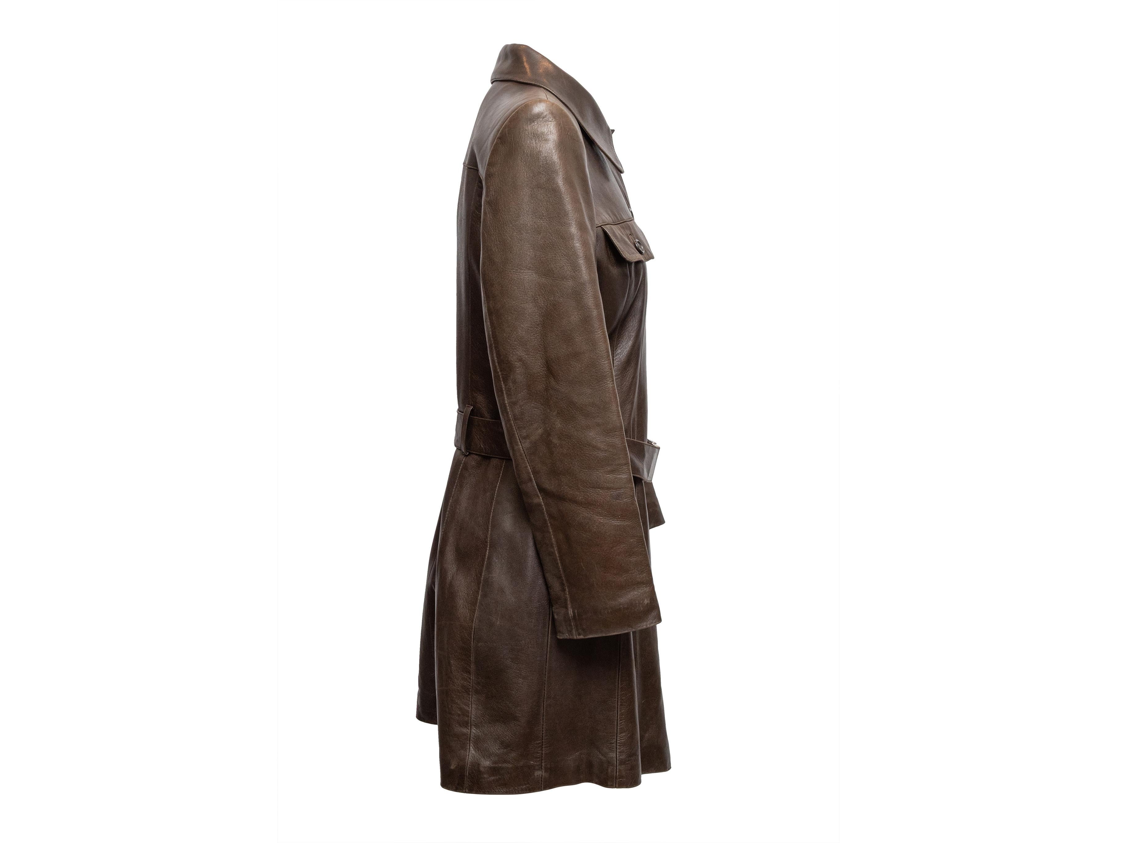 Vintage Brown Prada Belted Leather Coat Size IT 44 For Sale 1