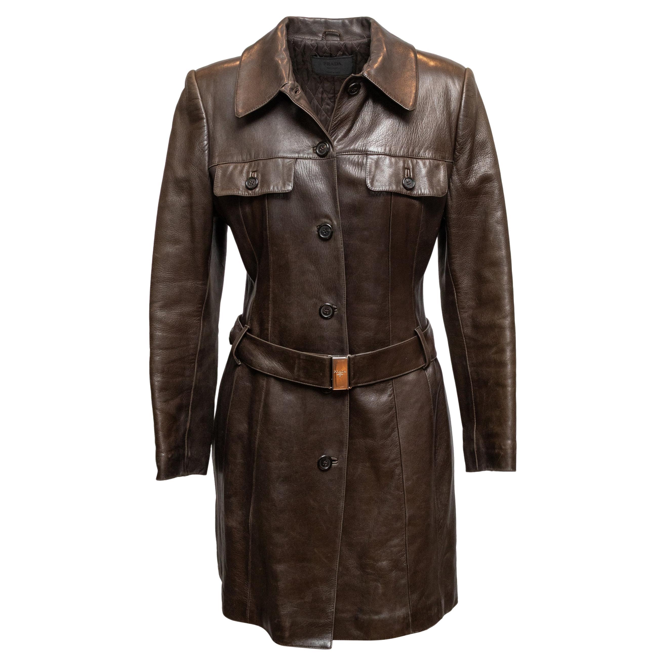 Vintage Brown Prada Belted Leather Coat Size IT 44 For Sale