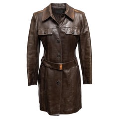 Vintage Brown Prada Belted Leather Coat Size IT 44