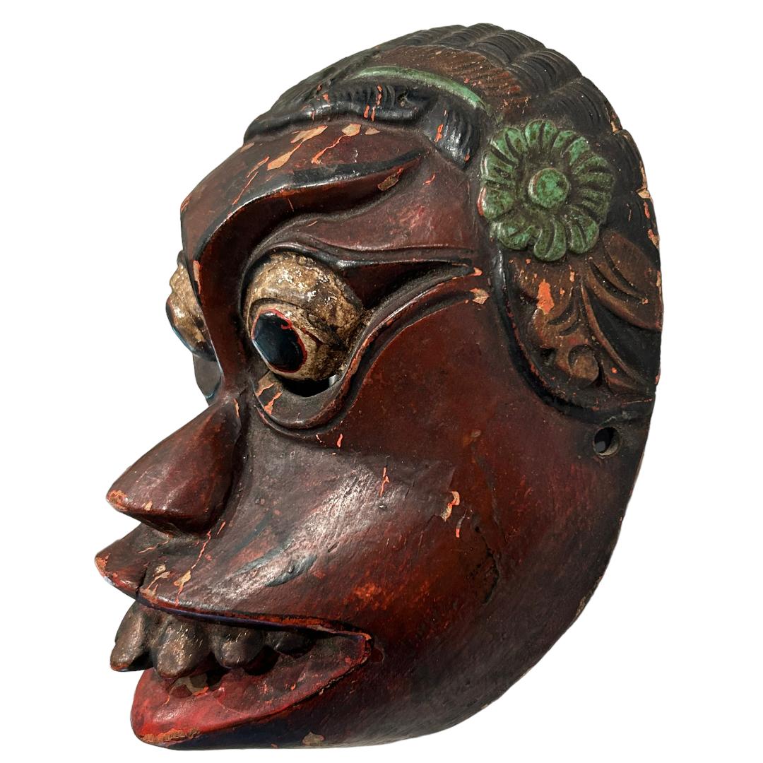 Vintage Brown/Red Bali Topeng Dance Mask Indonesia Hand Carved Balinese Artists In Good Condition For Sale In Naples, FL