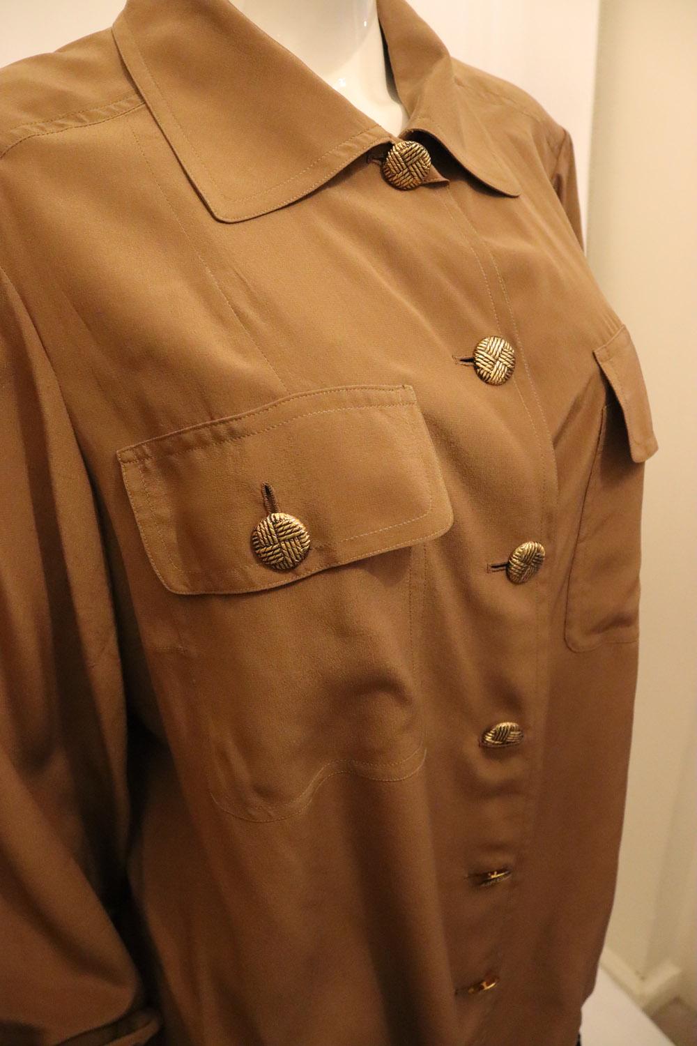 Vintage Brown Silk Blouse with Attractive Buttons For Sale 1
