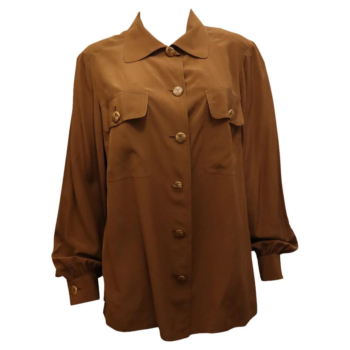 Vintage Brown Silk Blouse with Attractive Buttons For Sale
