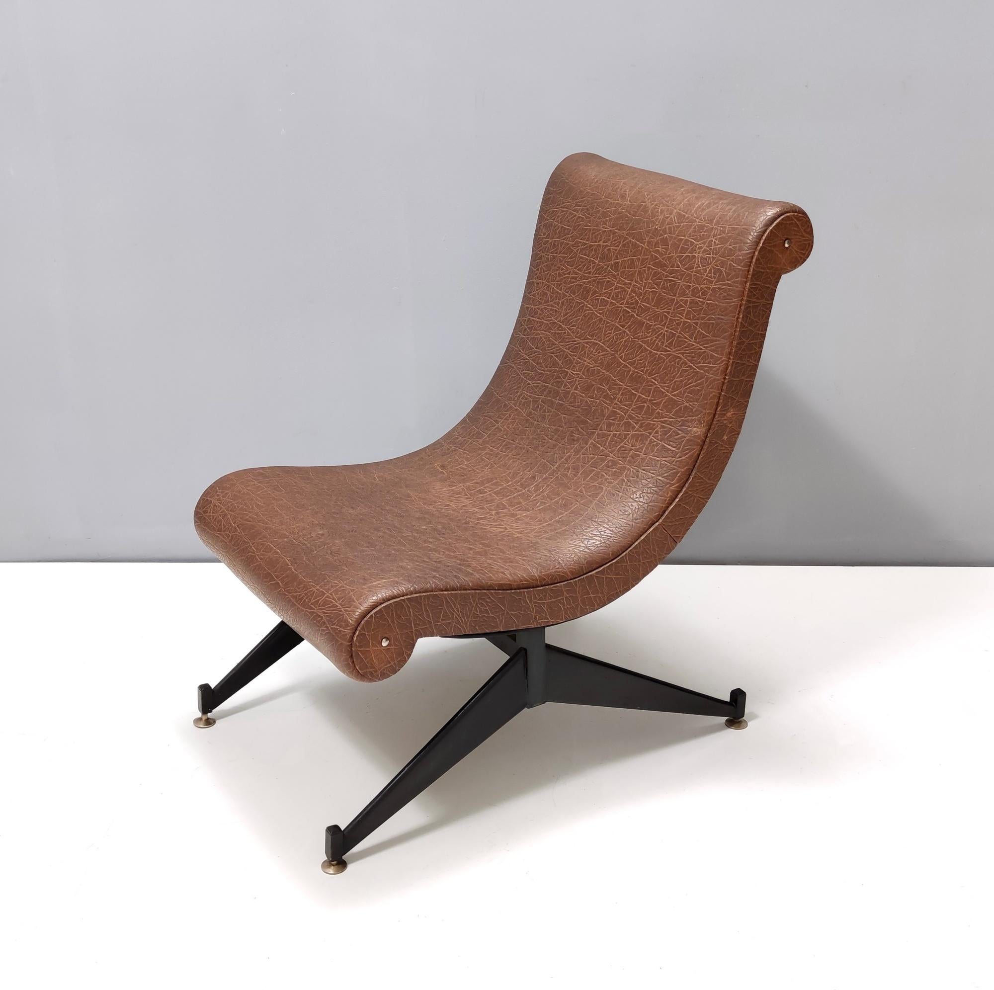 Vintage Brown Skai Lounge Chair with Black Varnished Metal Legs, Italy For Sale 1