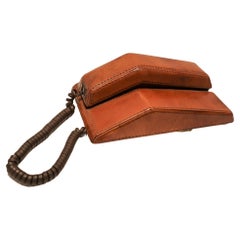 Vintage Brown Stitched Leather Covered Telephone von Contempra 1970s