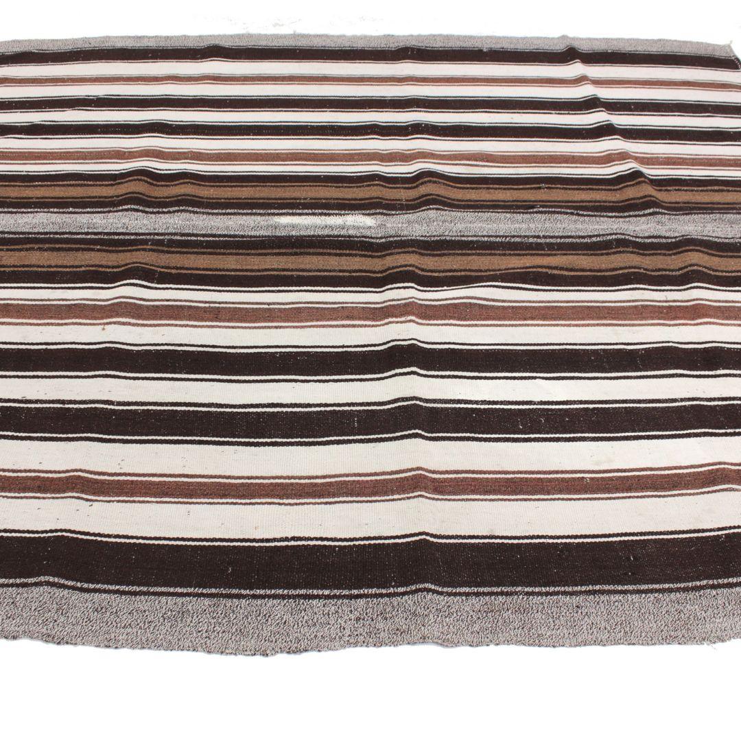 Mid-Century Modern Vintage Brown Stripe Goat Hair Kilim, Handmade in Turkey For Sale