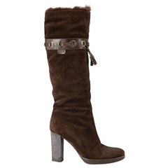 Vintage Brown Suede Shearling Lining Long Boots Size IT 37