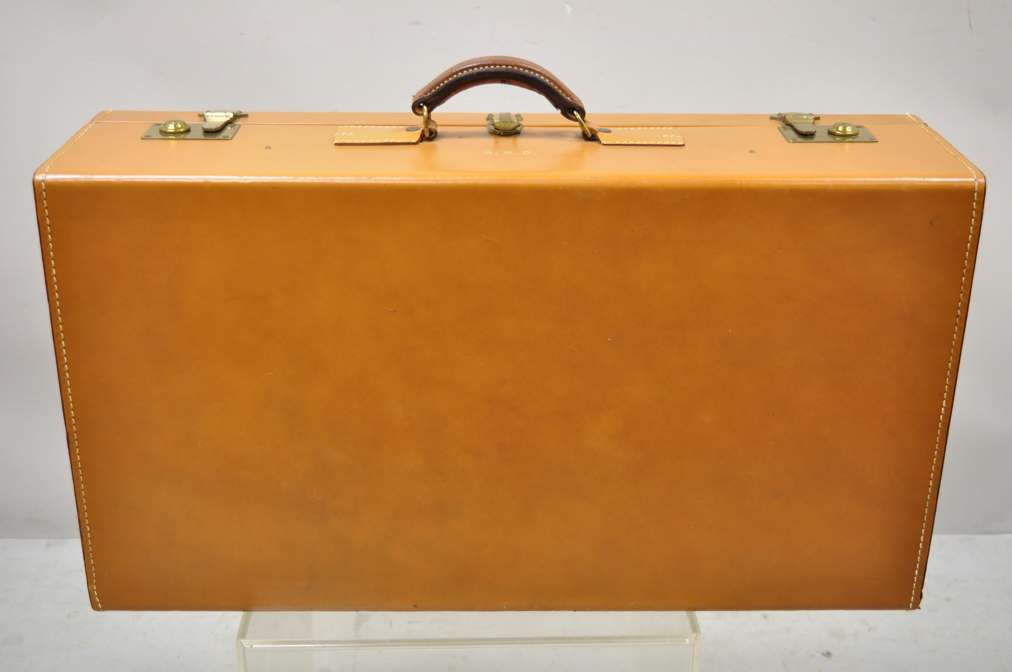 Vintage Brown Tan Top Grain Cowhide Leather Large Hard Suitcase Luggage 3