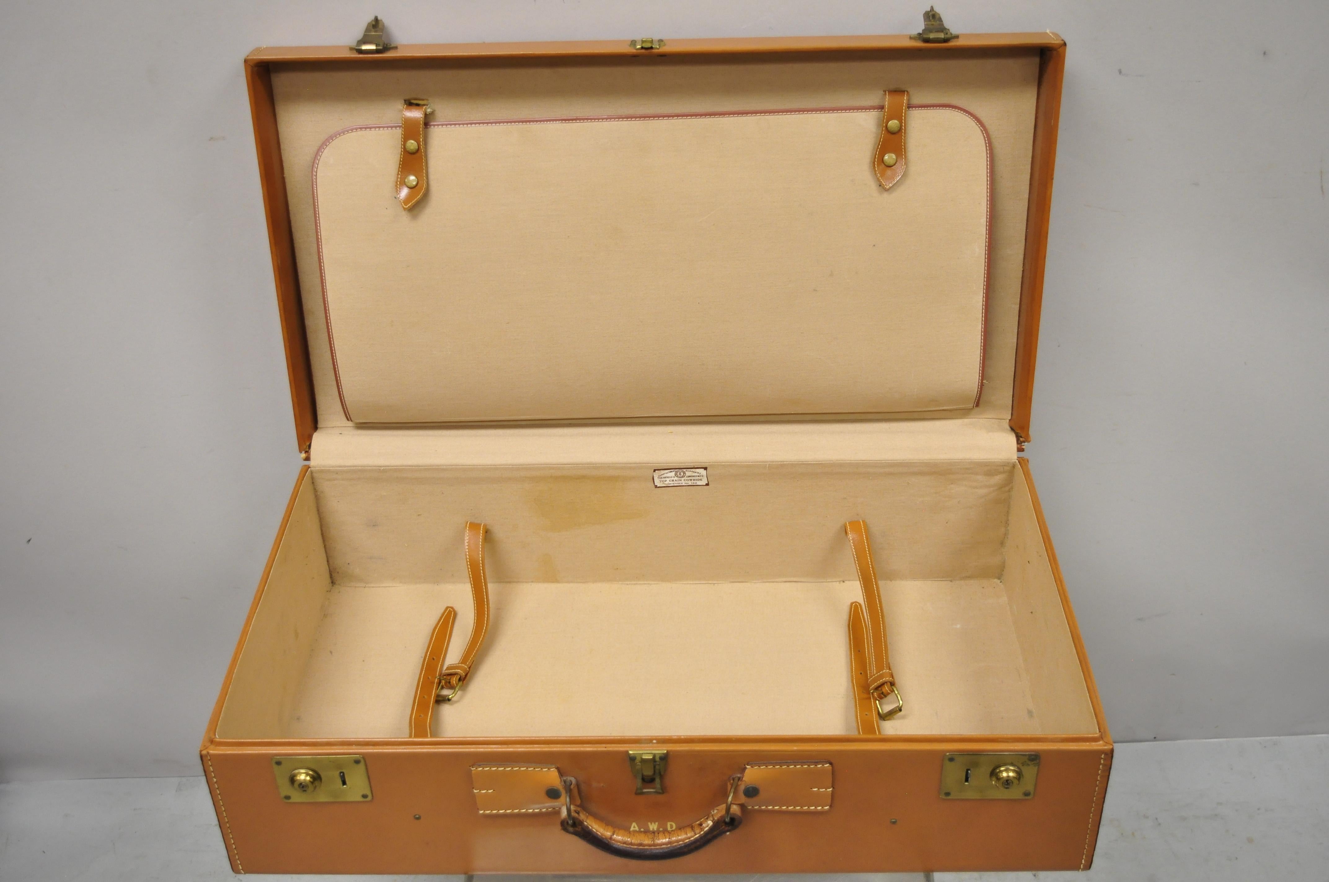Mid-Century Modern Vintage Brown Tan Top Grain Cowhide Leather Large Hard Suitcase Luggage