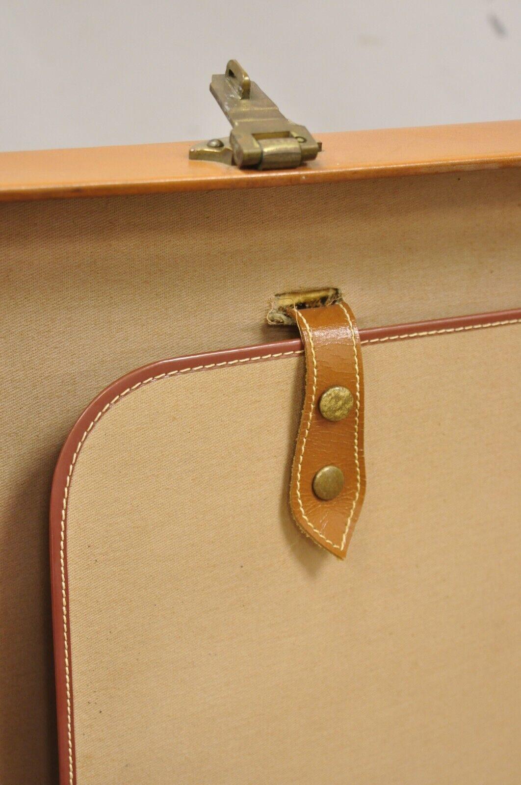 20th Century Vintage Brown Tan Top Grain Cowhide Leather Large Hard Suitcase Luggage