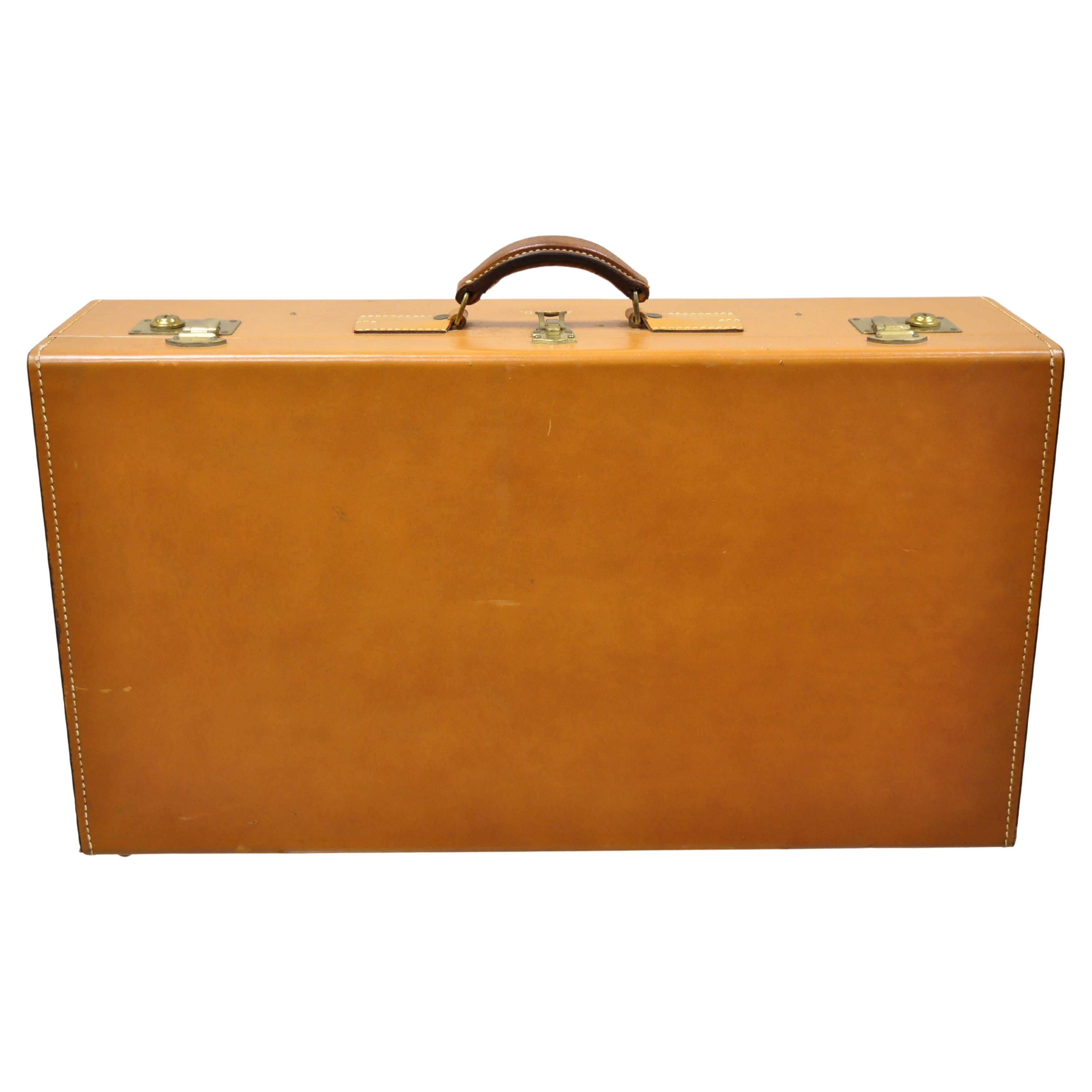 Vintage Brown Tan Top Grain Cowhide Leather Large Hard Suitcase Luggage