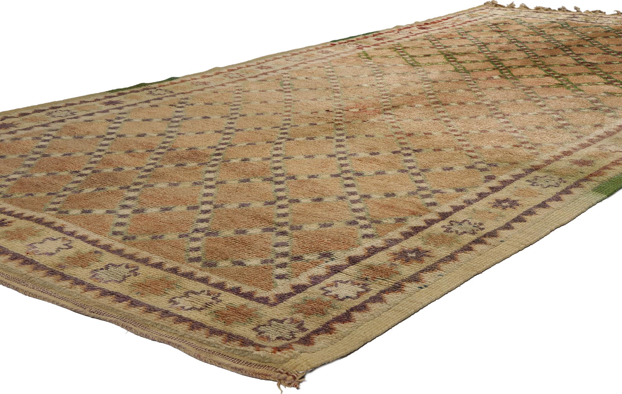 21757 Vintage Brown Taznakht Morooccan Rug, 04'07 x 09'08. Embark on an enchanting journey into the rich legacy of the Taznakht Tribe, where skilled hands in the High Atlas Mountains of southern Morocco meticulously crafted this hand-knotted wool