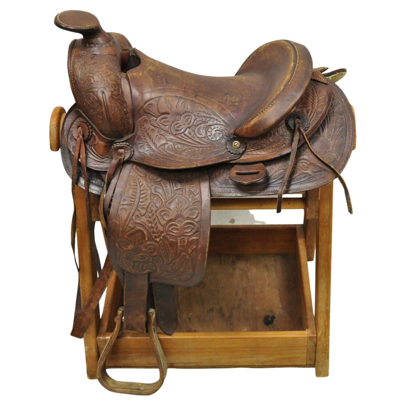 Vintage Brown Tooled Leather Embossed 14" Western Horse Saddle