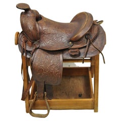 Retro Brown Tooled Leather Embossed 14" Western Horse Saddle